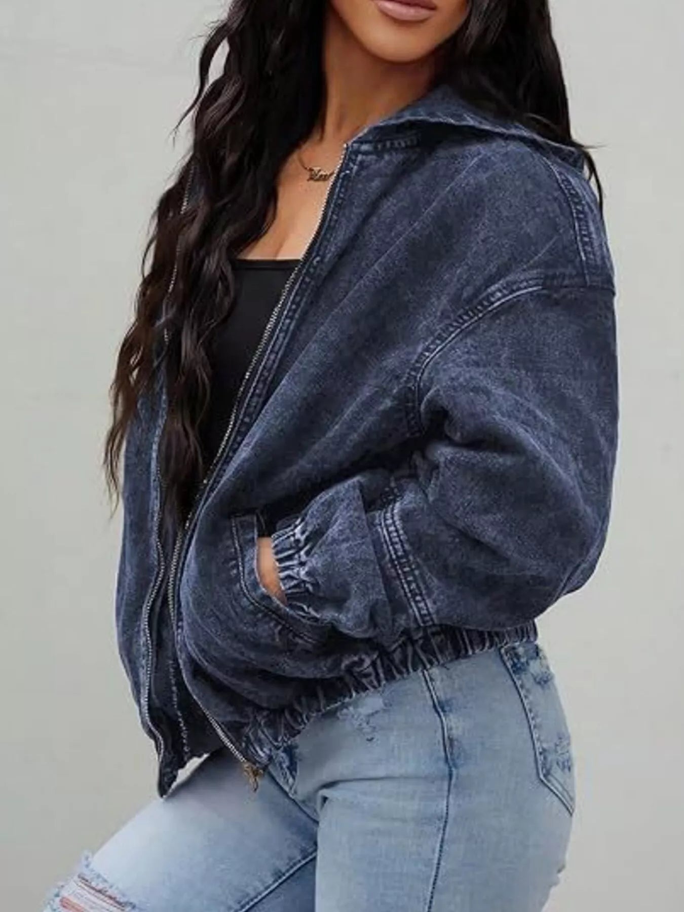 Trendsi Vintage Washed Zip Up Hooded Denim Jacket -