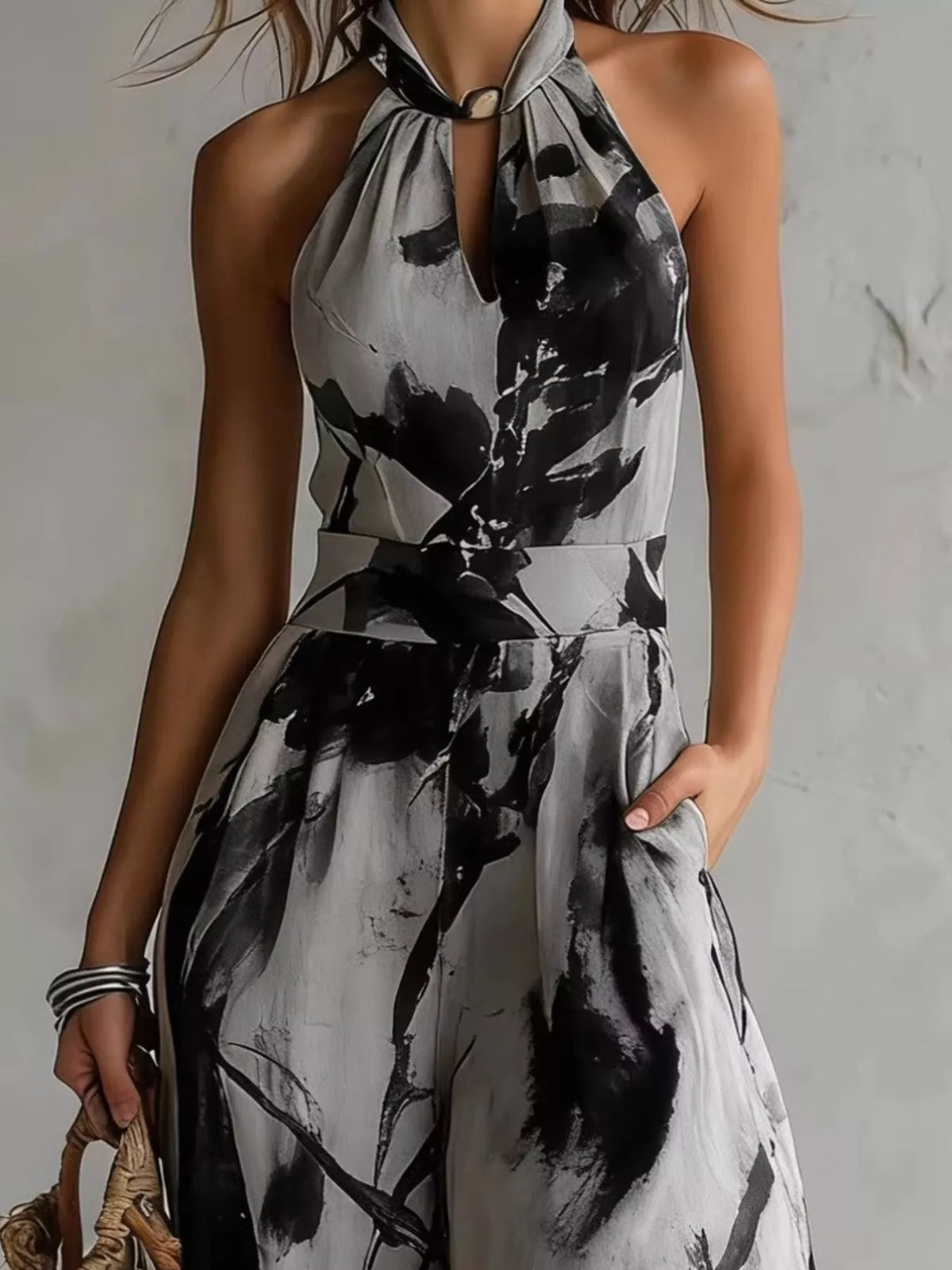 Dark Gray Ink Wash Print Halter Neck Wide-Leg Jumpsuit detail view