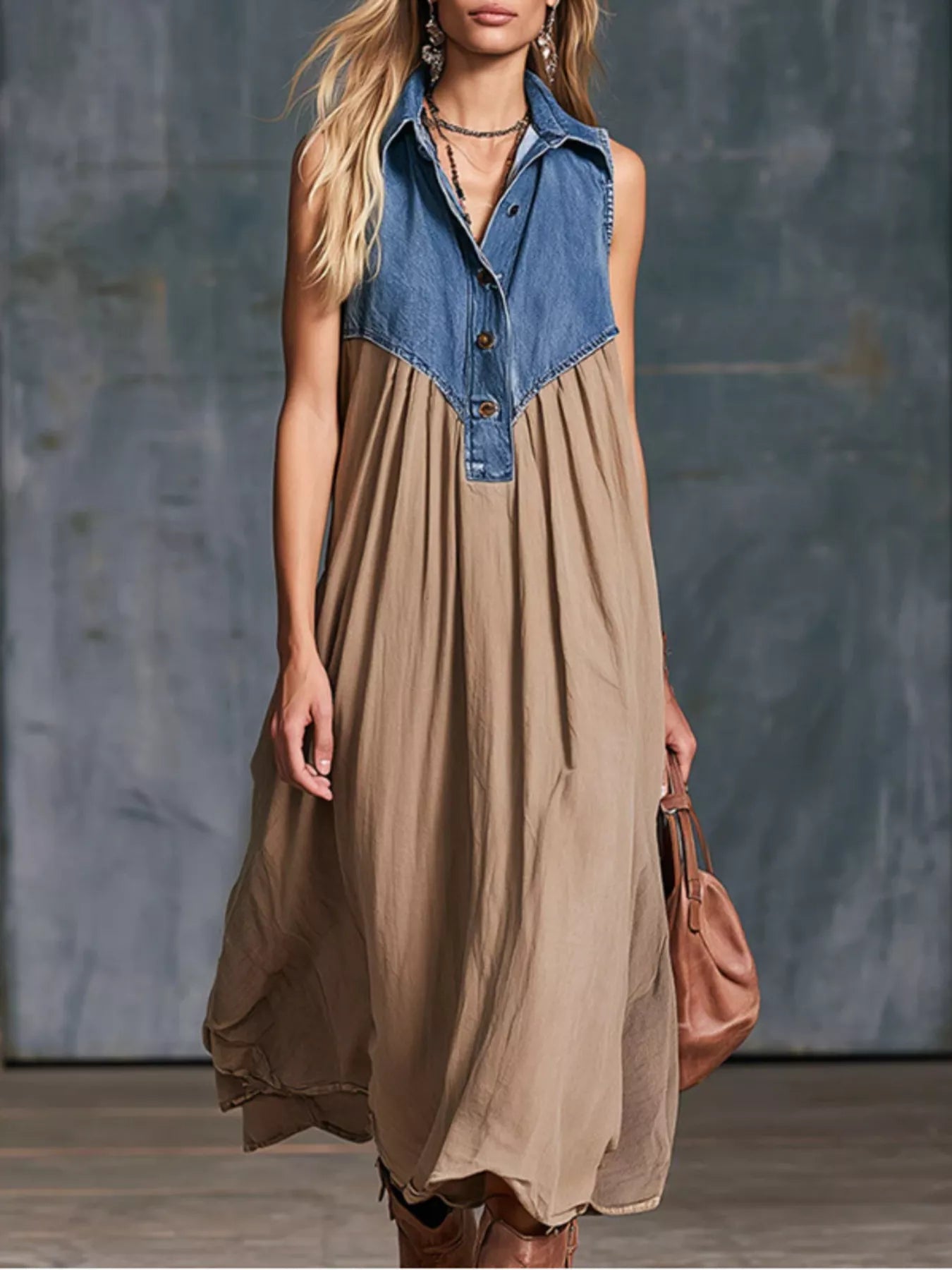 Sleeveless denim patchwork midi dress