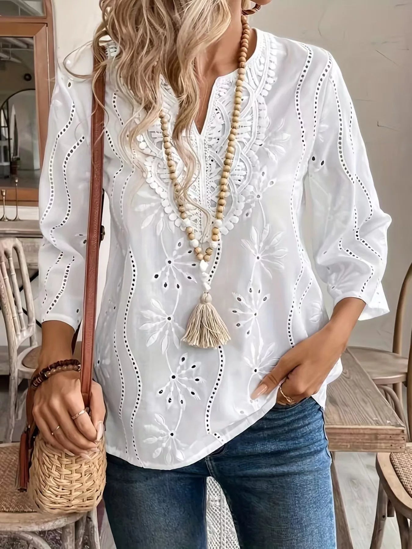Trendsi Full Size Embroidered Eyelet Long Sleeve Blouse Plus Size -