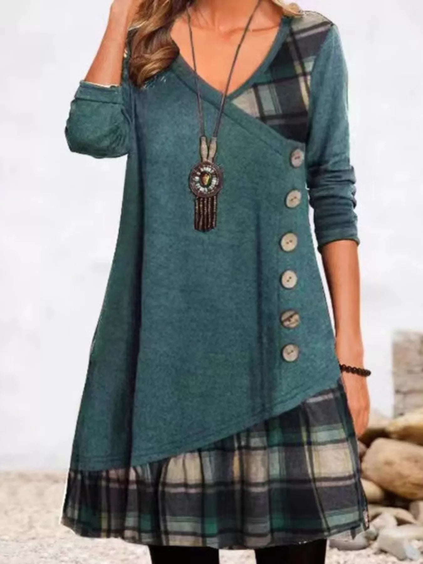Trendsi Full Size Asymmetrical Plaid Patchwork Long Sleeve Dress Plus Size -