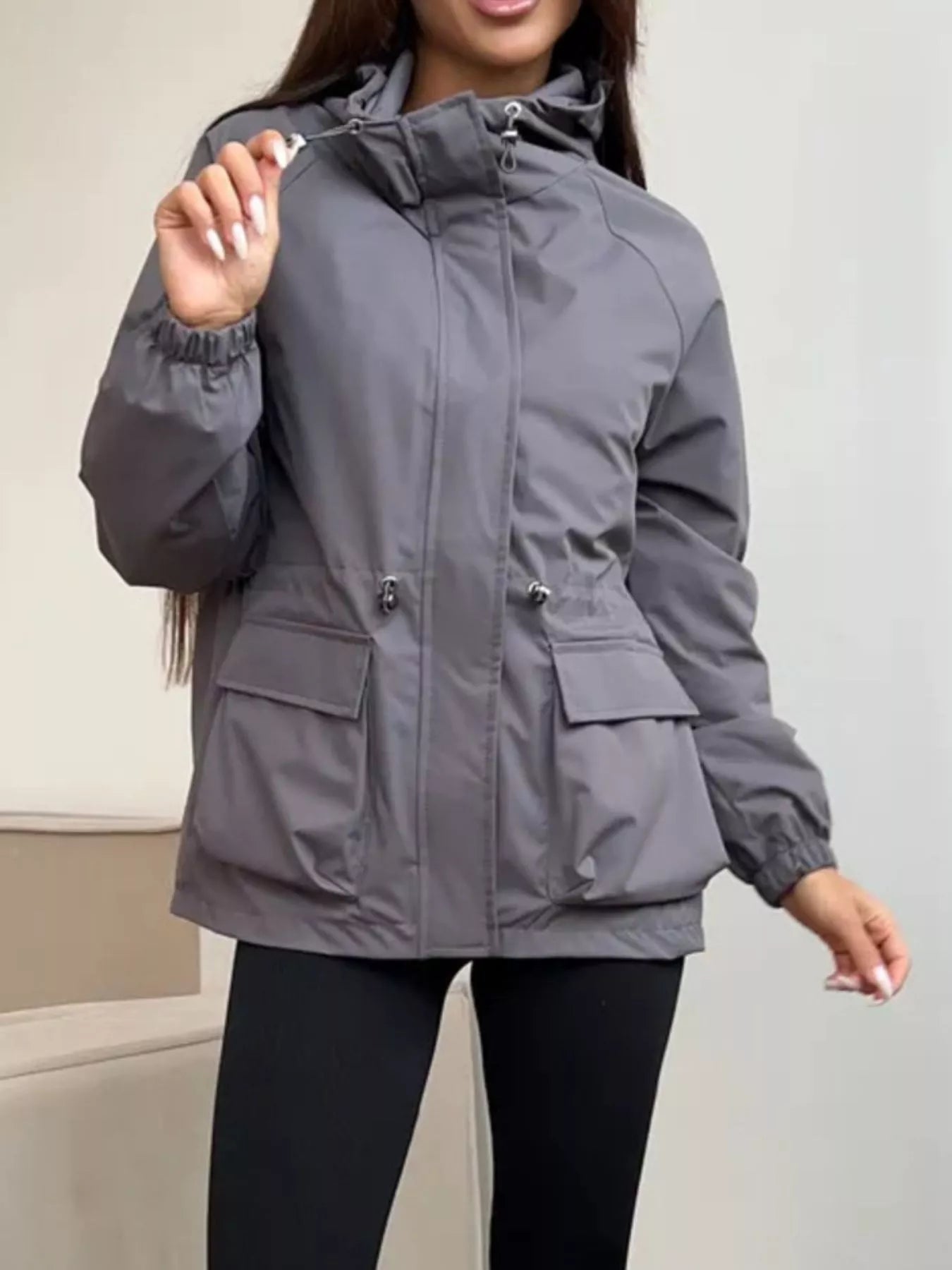 Trendsi Drawstring Waist Hooded Windbreaker Outerwear -