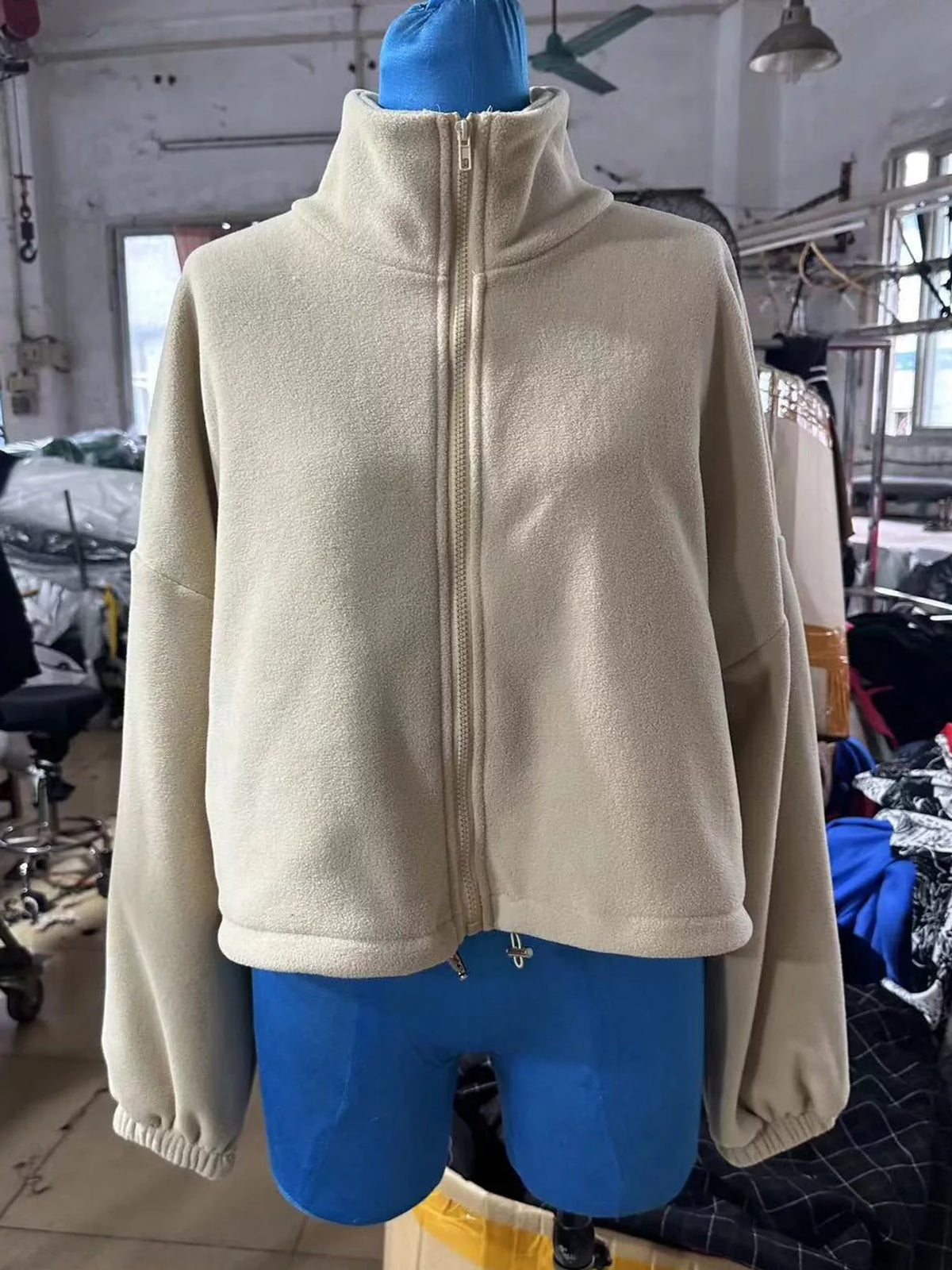 Cream drawstring hem zip-up jacket