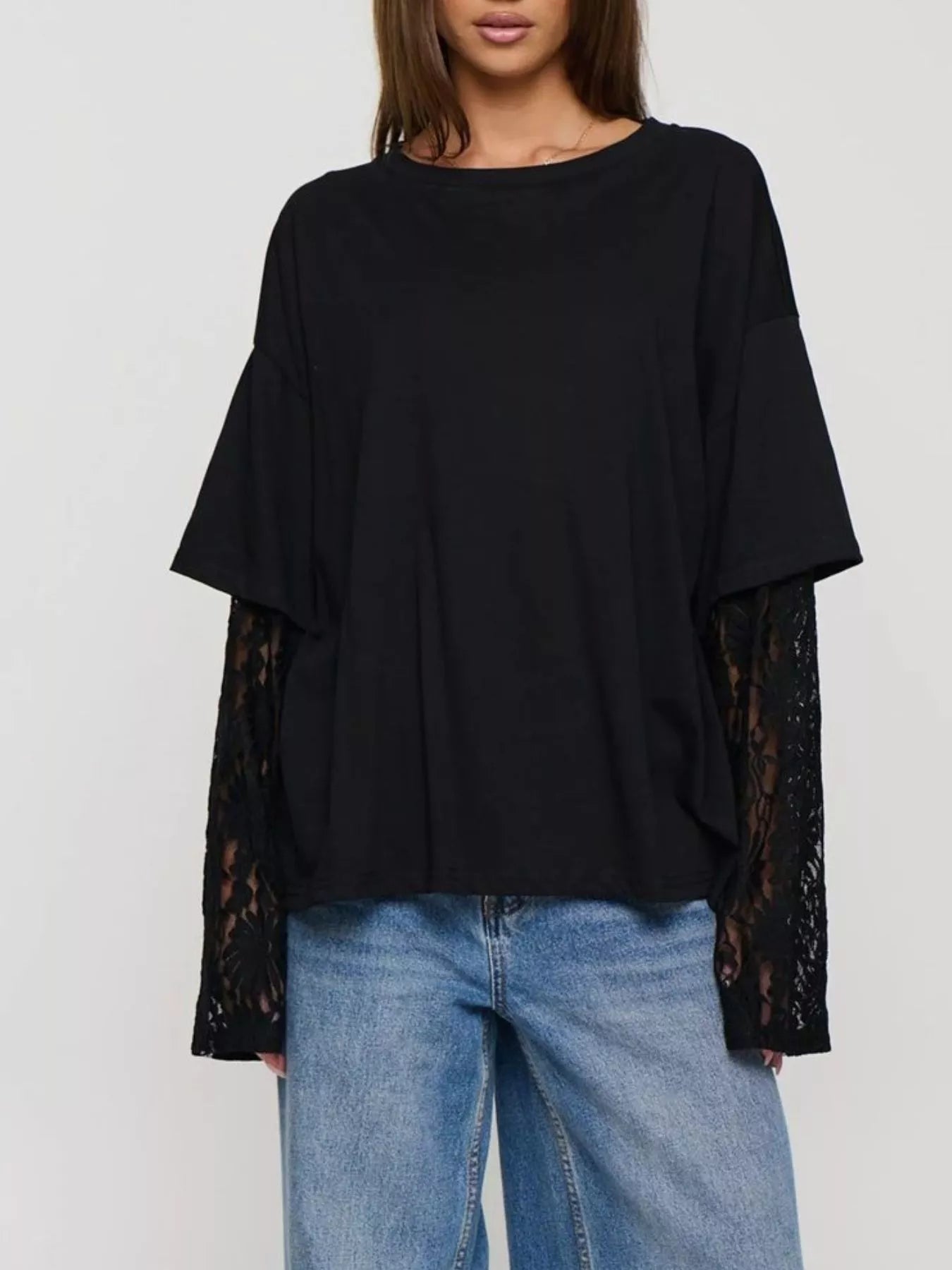 Trendsi Layered Lace-Sleeve T-Shirt -