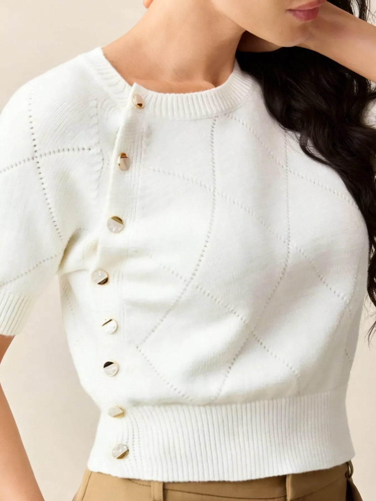Trendsi Diamond Pattern Short Sleeve Sweater -