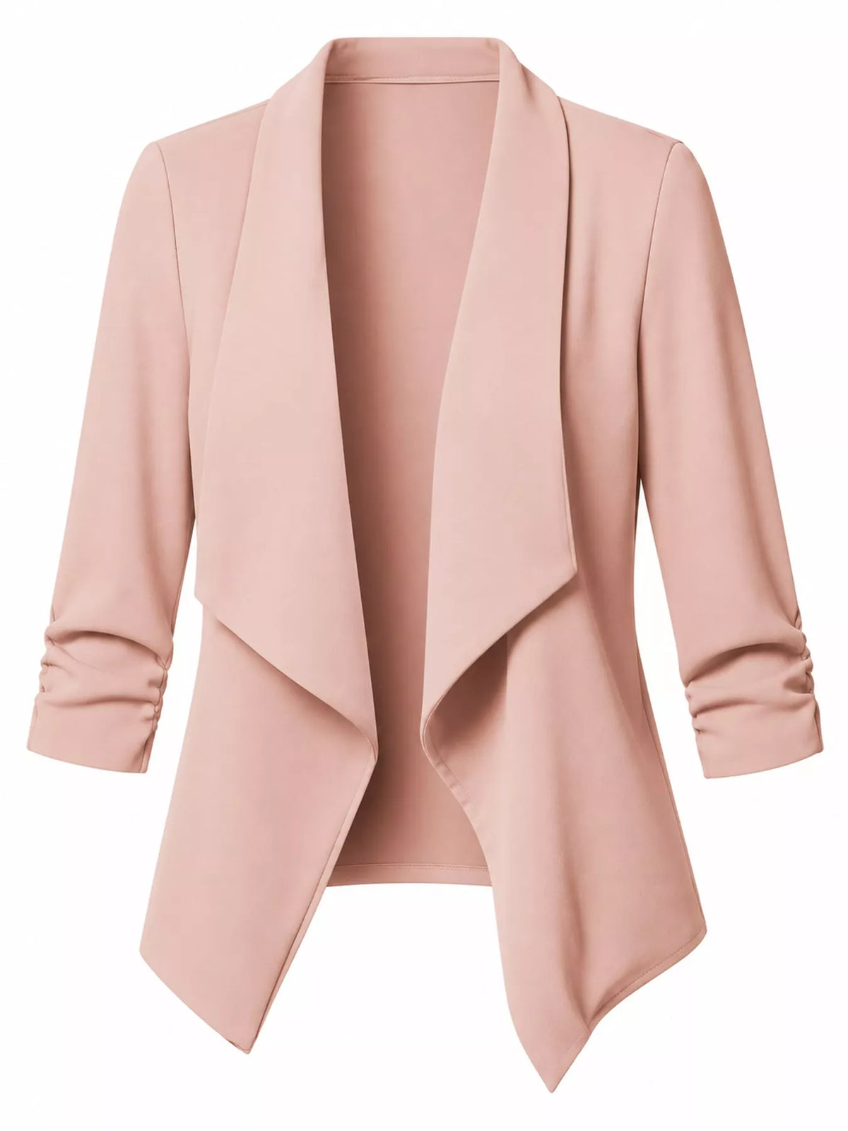 Blush open-front blazer with ruched 3/4 sleeves