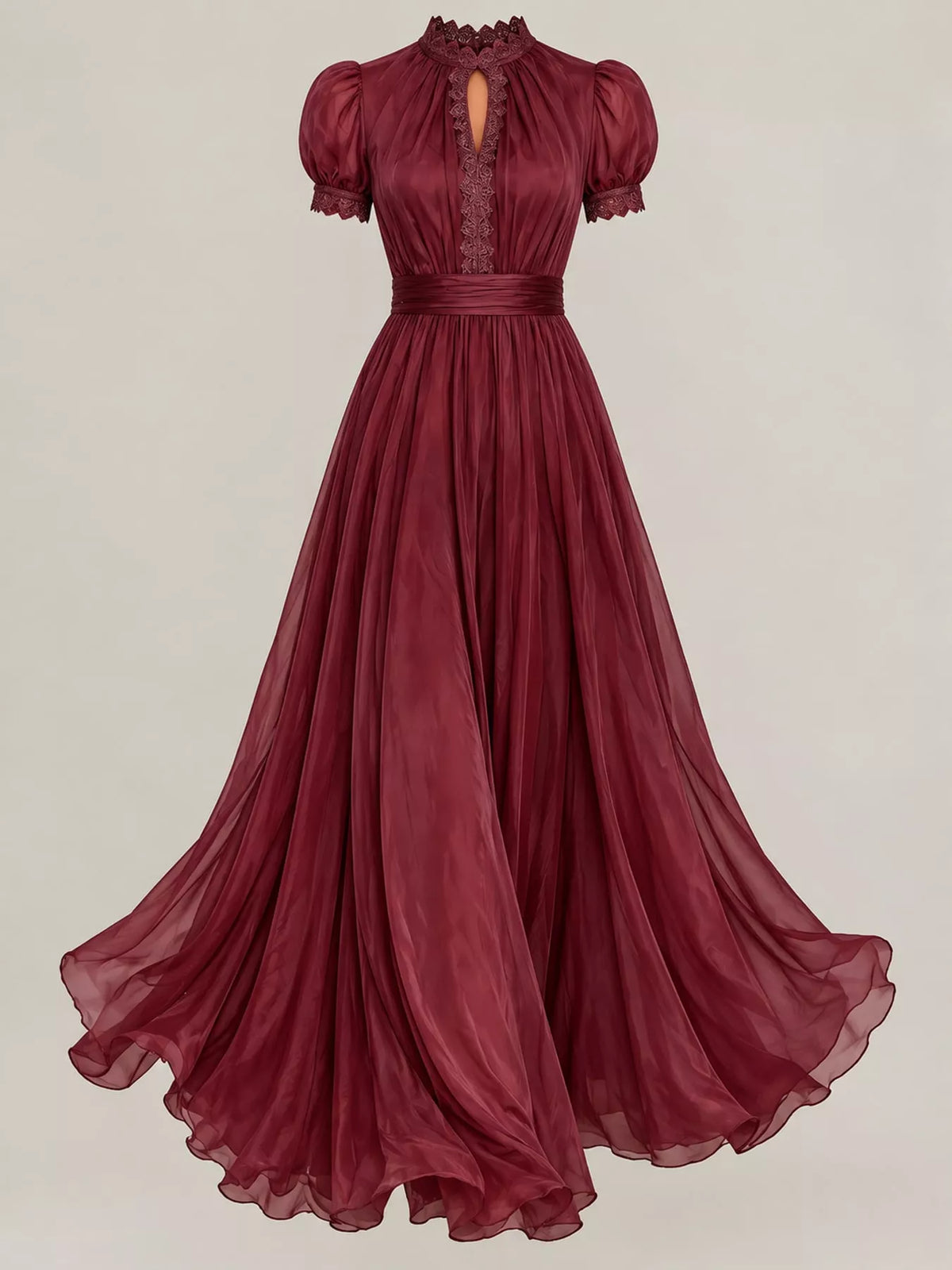 Lace Puff Sleeve Maxi Dress in burgundy, front view