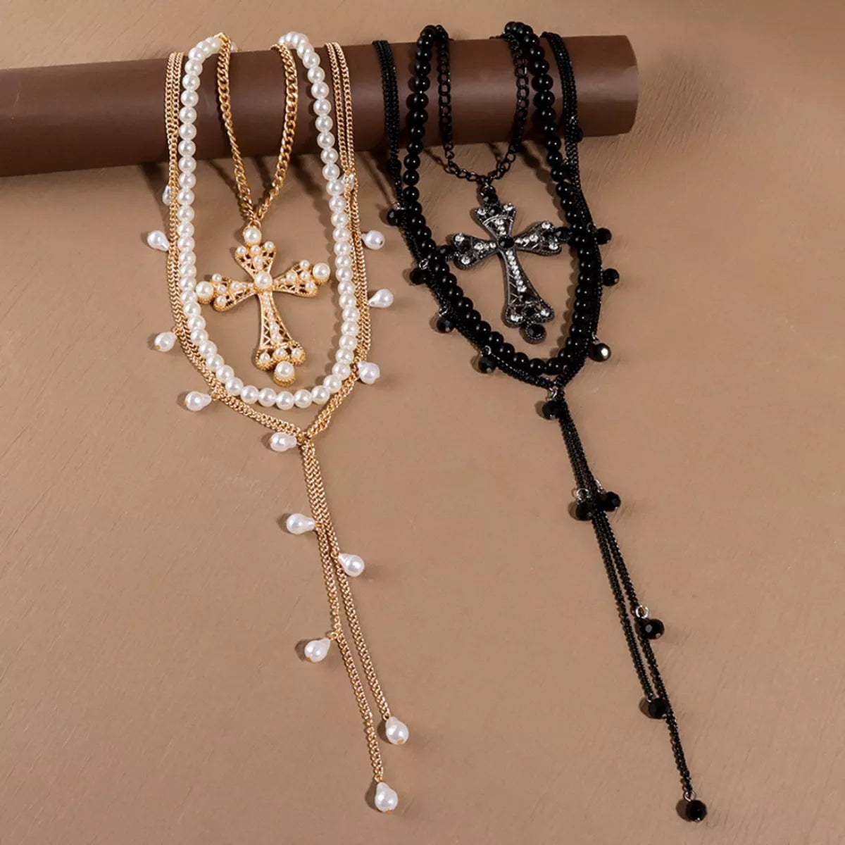 Trendsi Pearl Cross Pendant Necklace 3 Piece Set -