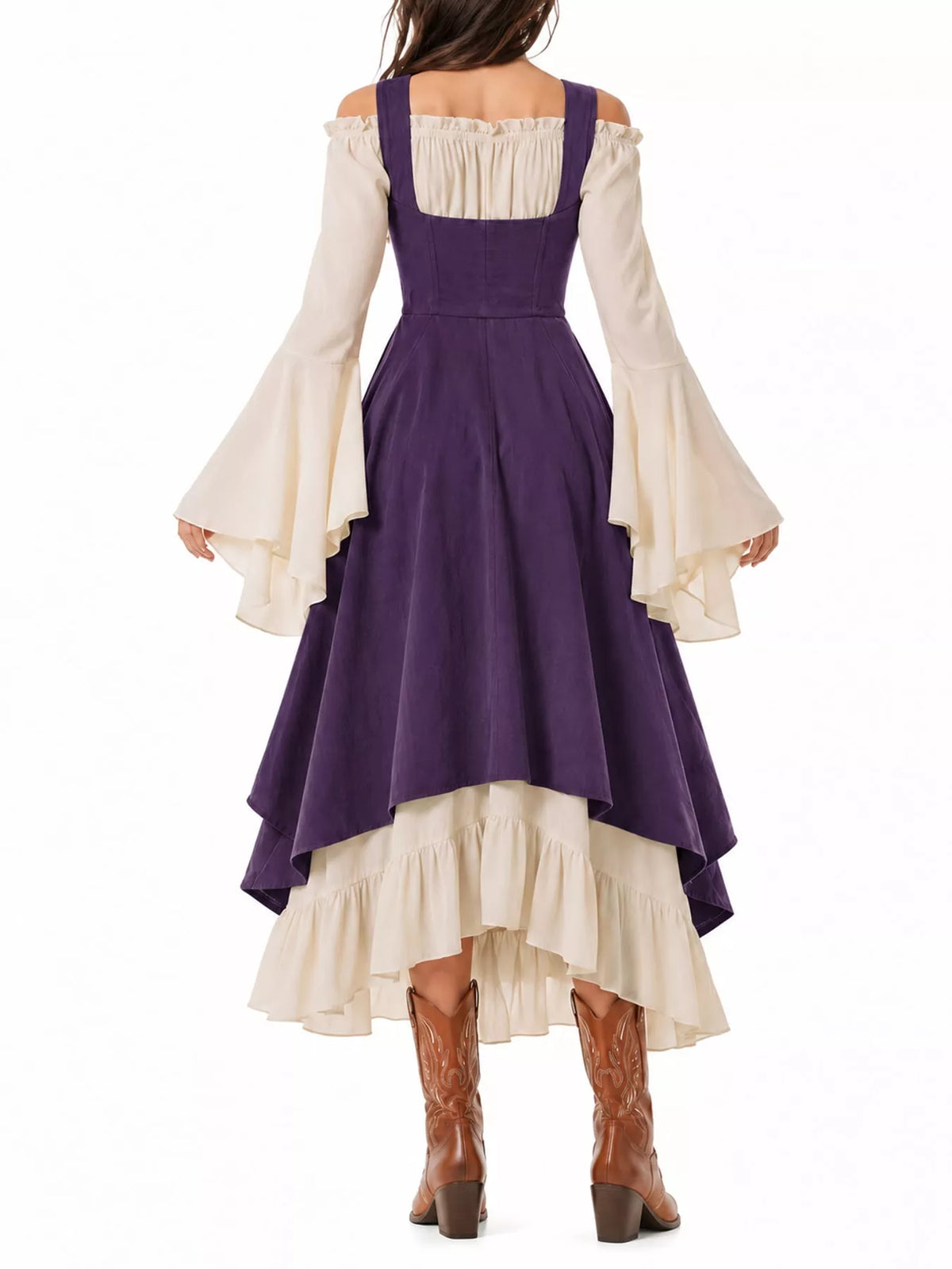 Purple corset style lace-up bell sleeve dress — back view