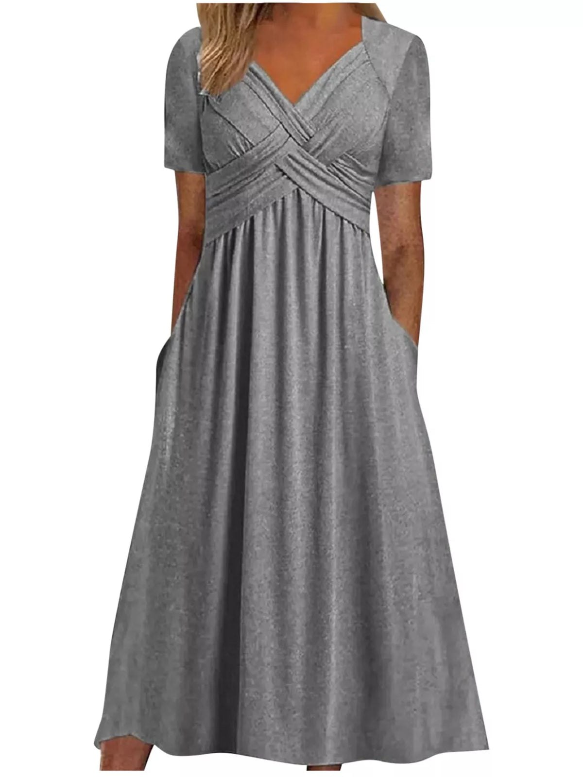 Gray crisscross short sleeve midi dress, front view