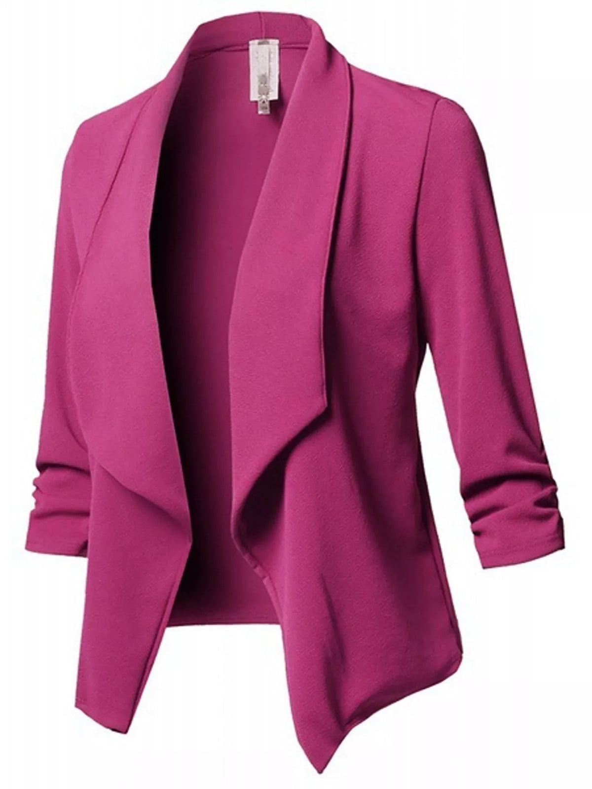 Pink open-front blazer with ruched 3/4 sleeves