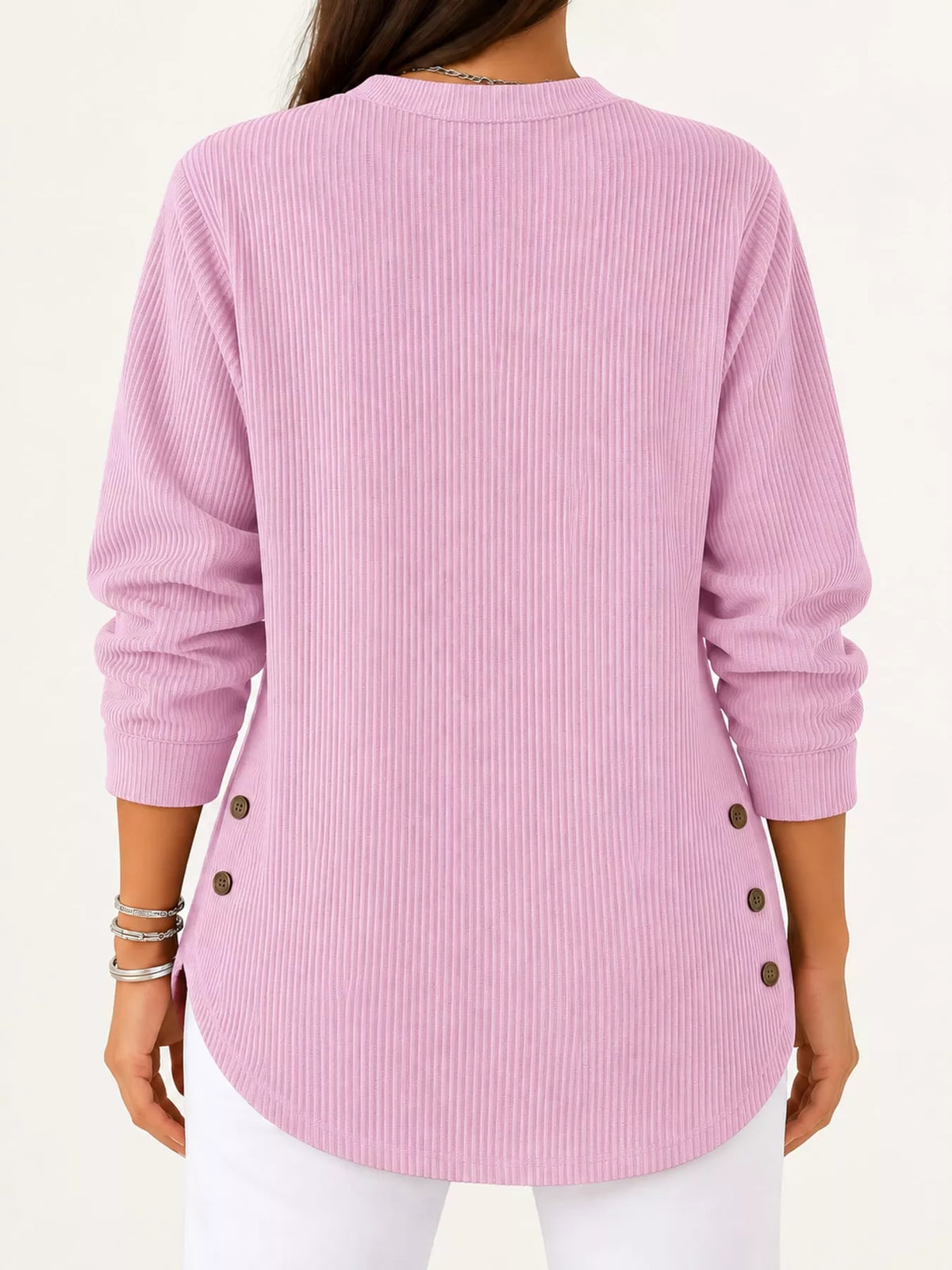 Pink button detail long sleeve top, back view