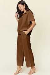 Trendsi Double Take Full Size Texture Half Zip Short Sleeve Top and Pants Set -