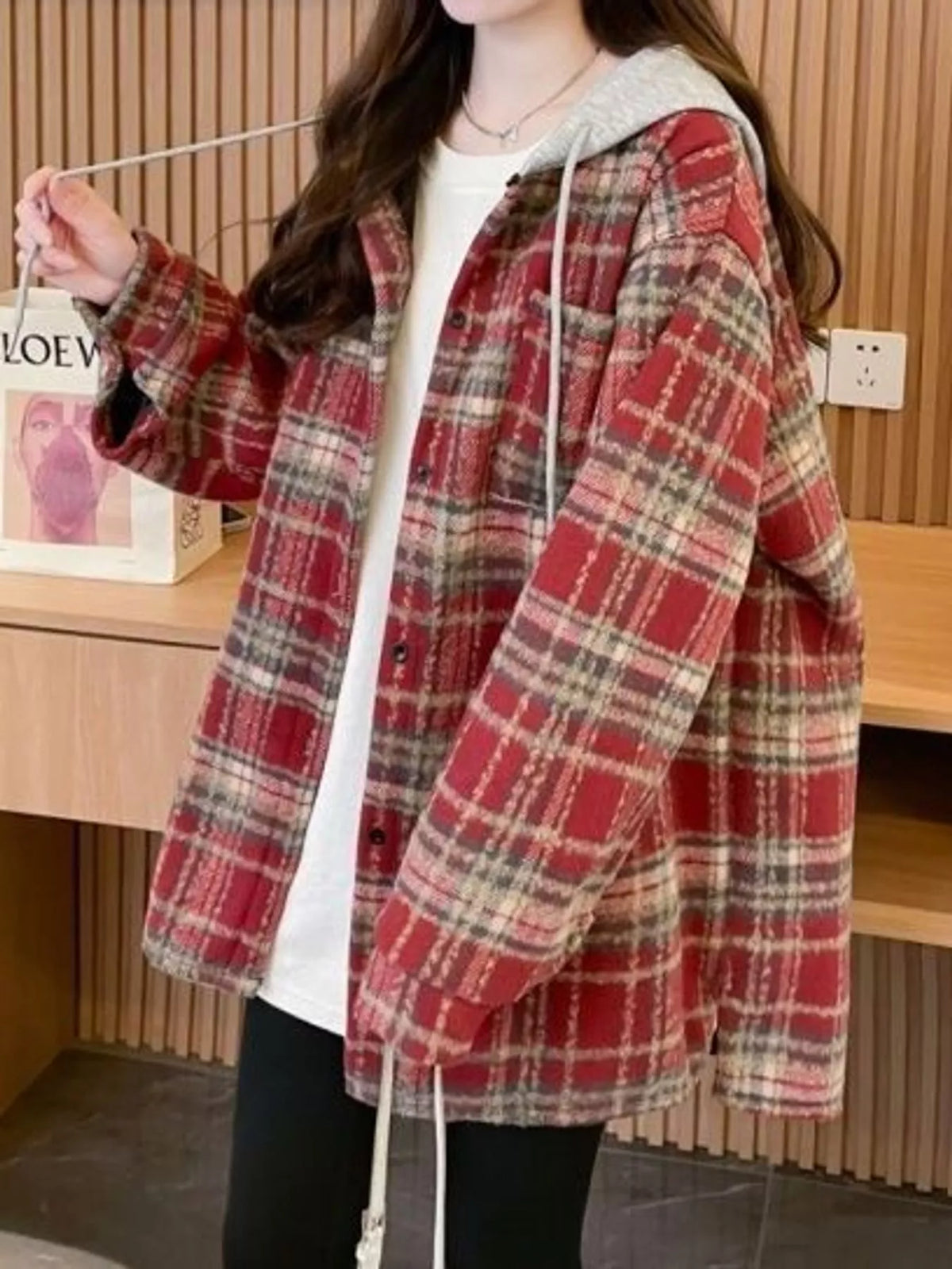 Red plaid button-up hooded shacket