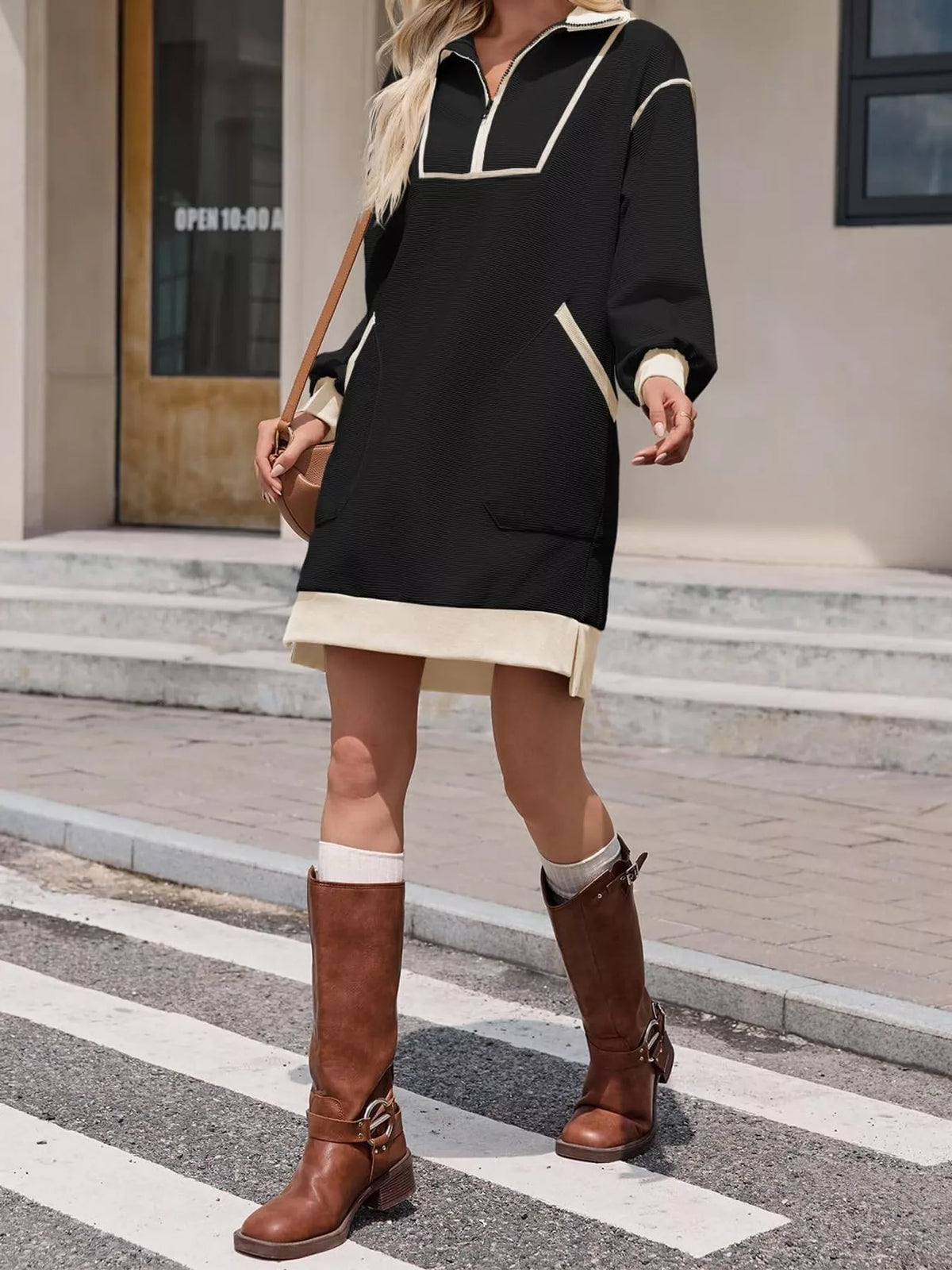 Black color block quarter-zip sweatshirt dress — front view