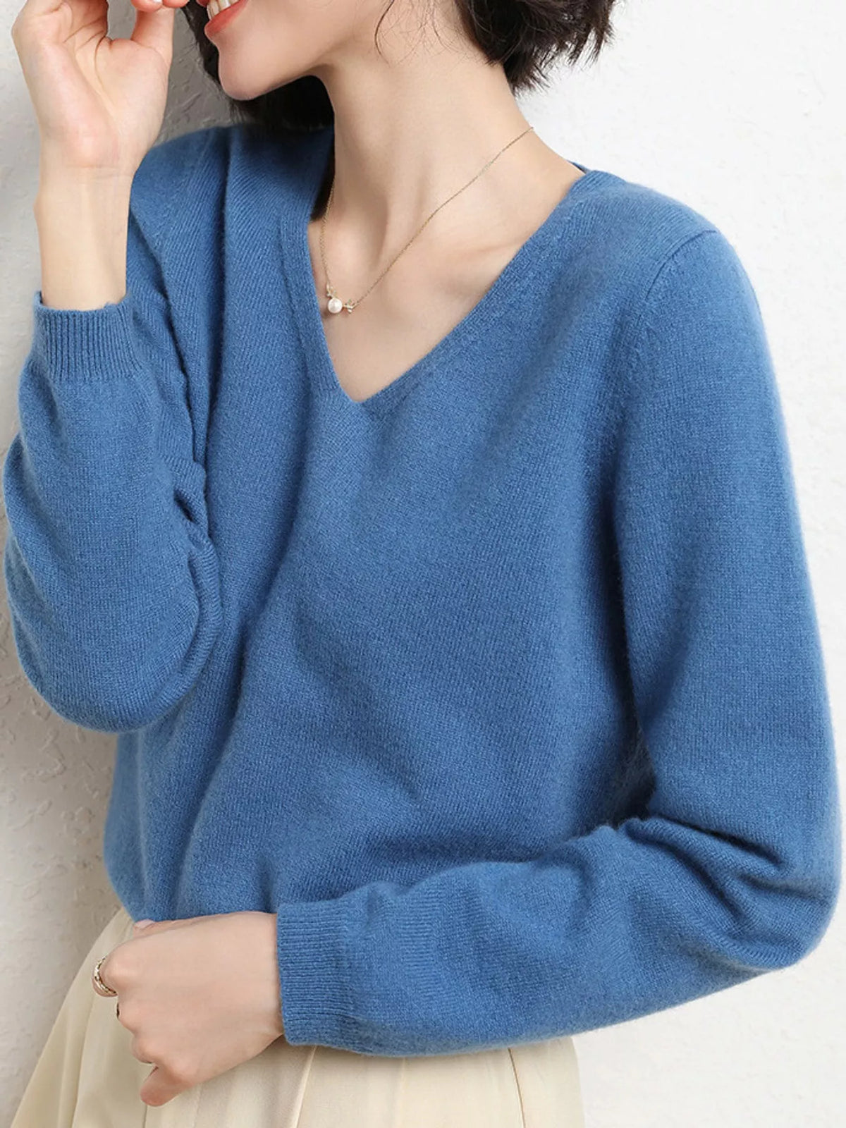 Dusty Blue v-neck long sleeve knit top