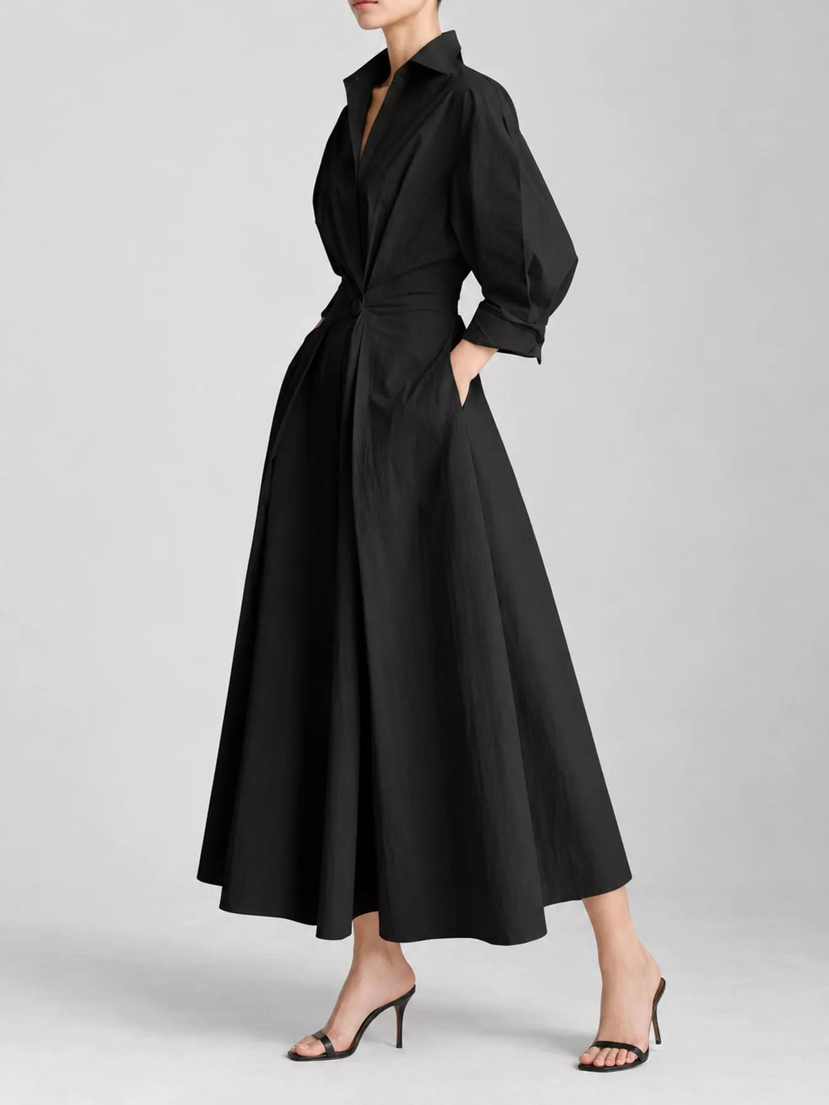 Collared Three-Quarter Sleeve Midi Shirt Dress — front view