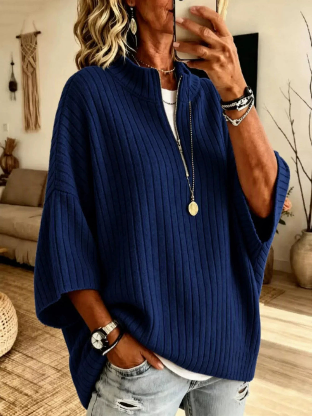 Women's Half-Zip Ribbed Knit Top in Dark Navy, alternate view