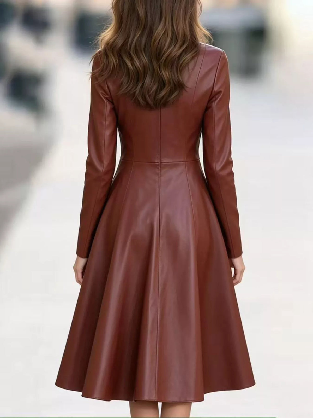 Burgundy faux leather zip-front a-line midi dress, back view