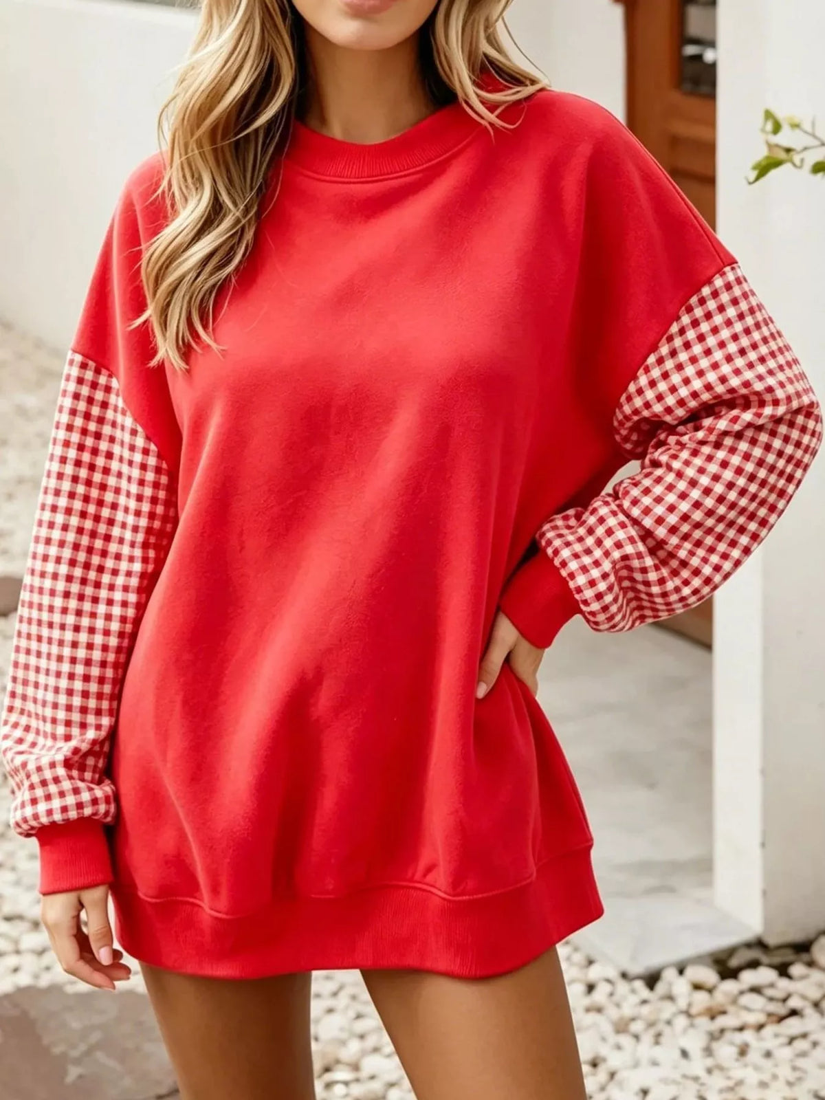 Red and white gingham sleeve dropped shoulder sweatshirt, front view