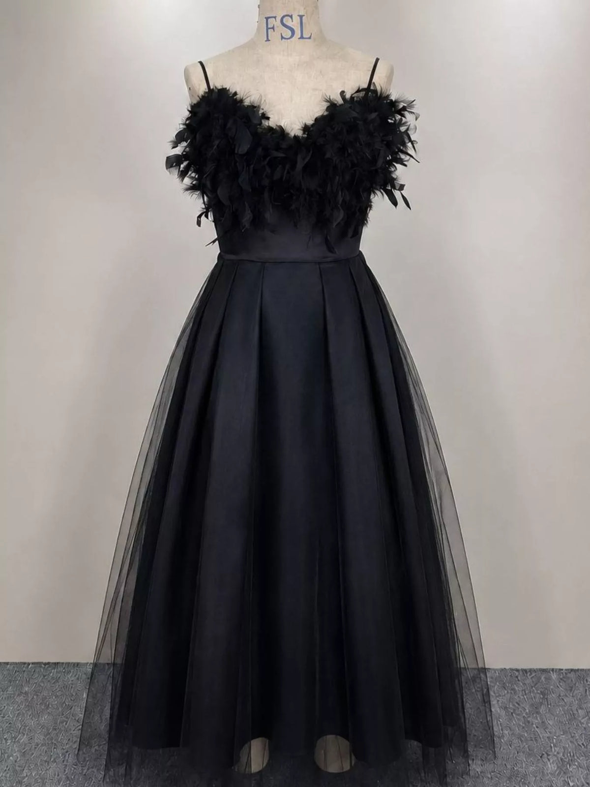 Black feather-trimmed tulle midi dress