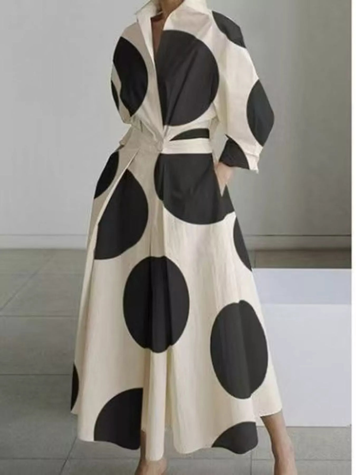 Collared Three-Quarter Sleeve Midi Shirt Dress — front view