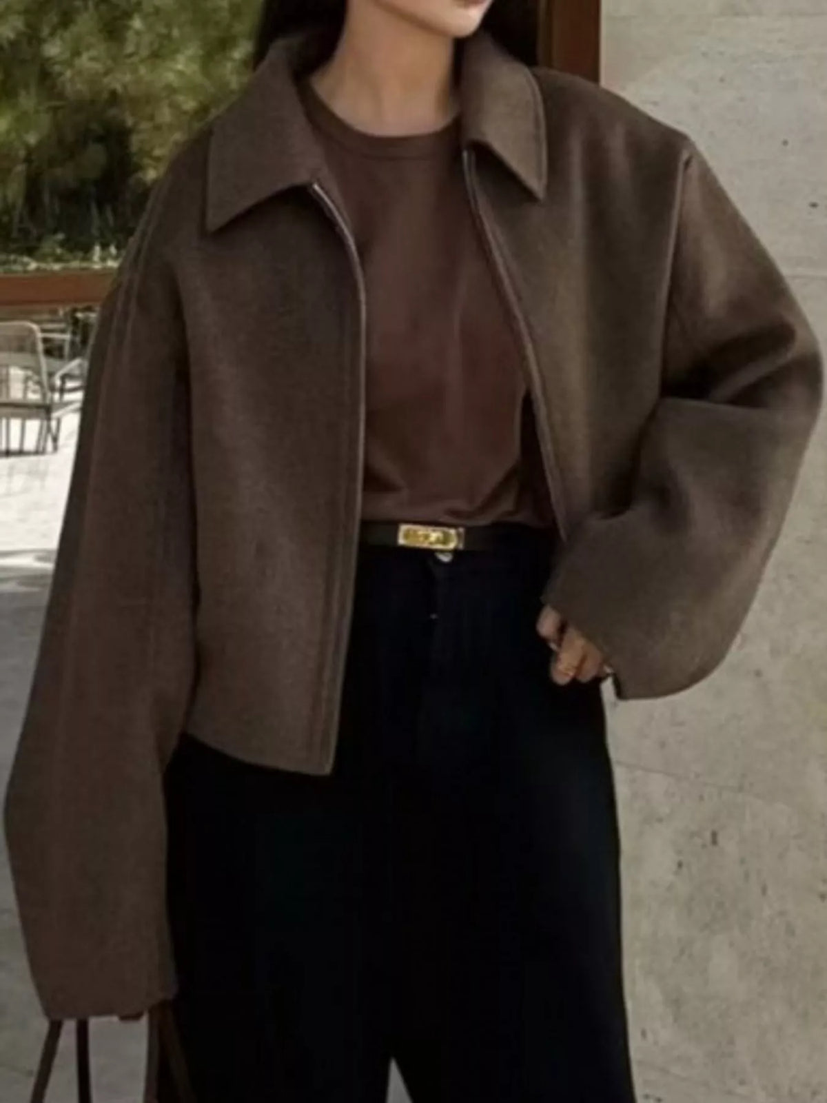 Zip-Up Dropped Shoulder Jacket — front view