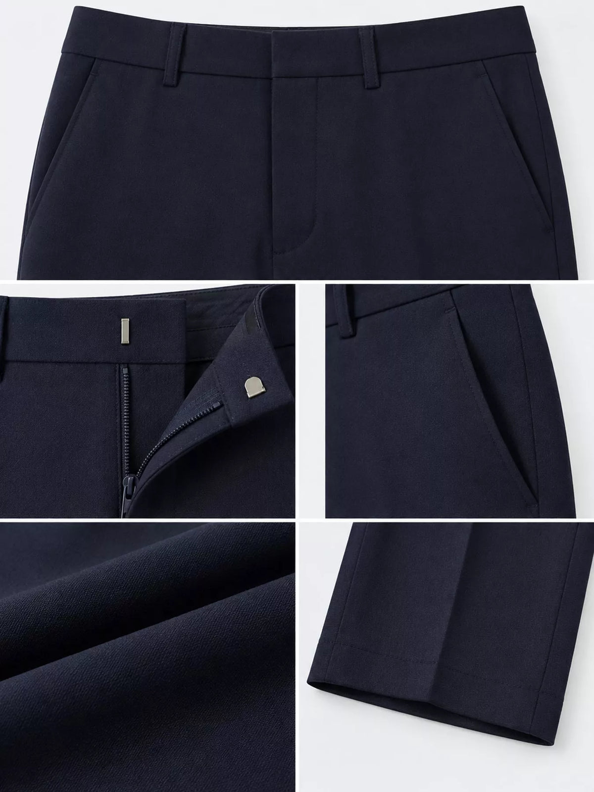 Straight-leg pants, navy waist closure and fabric details