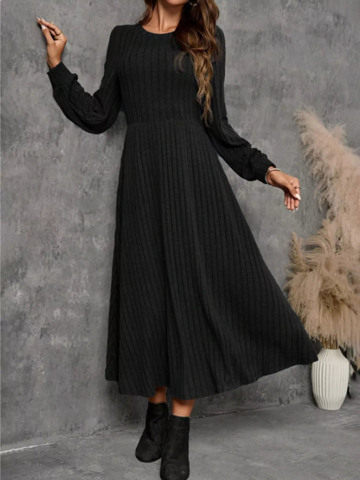 Women's Ribbed Knit Long Sleeve A-Line Midi Dress in black — front view