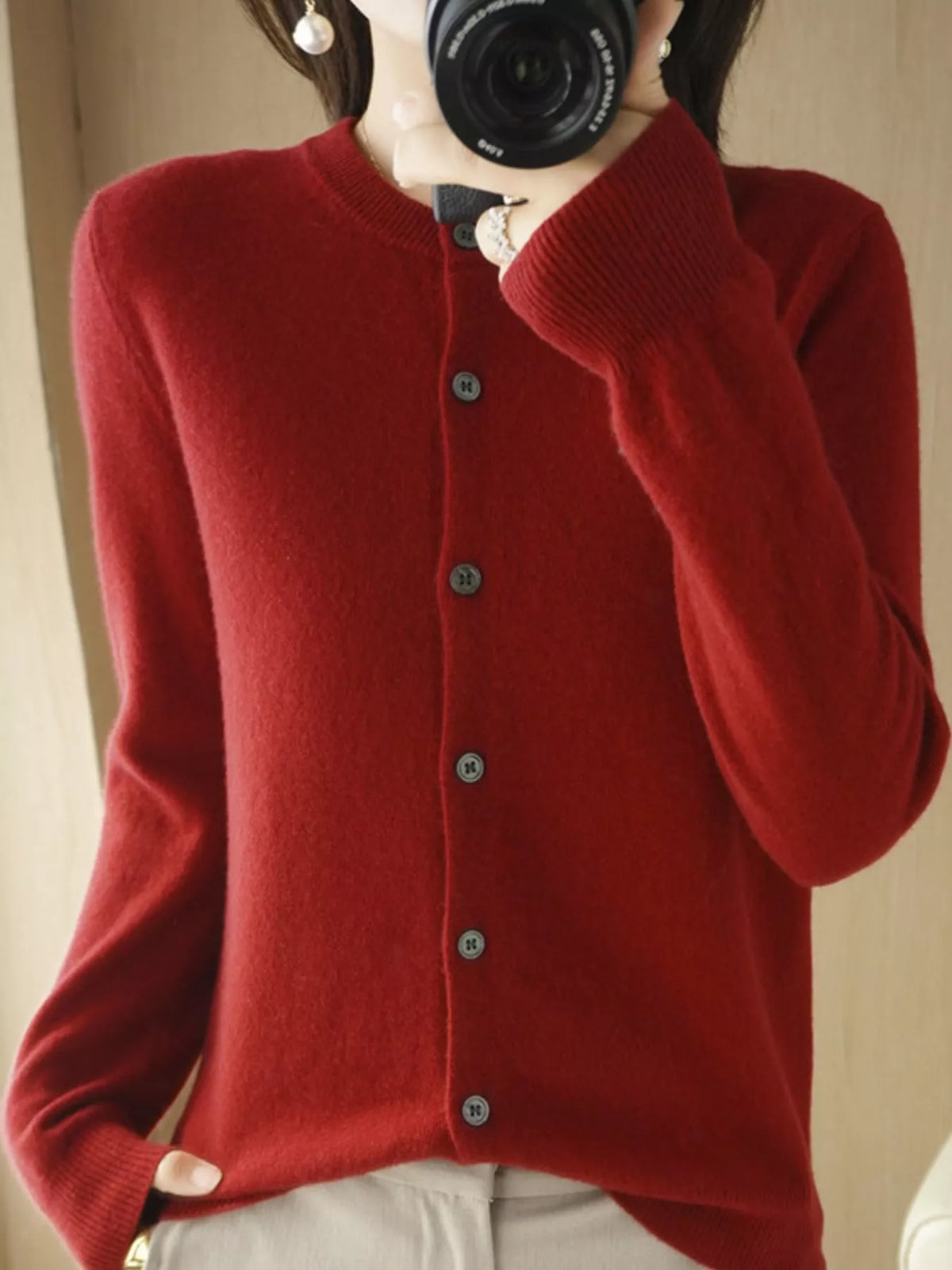 Red crew neck button-front cardigan