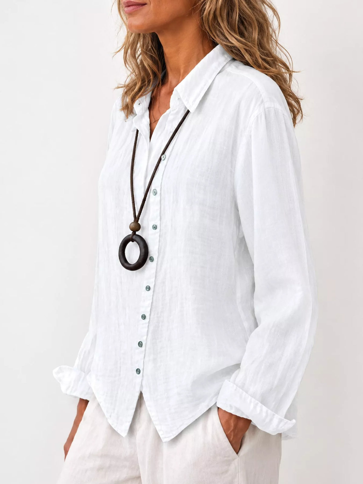 White asymmetric button-down long sleeve shirt