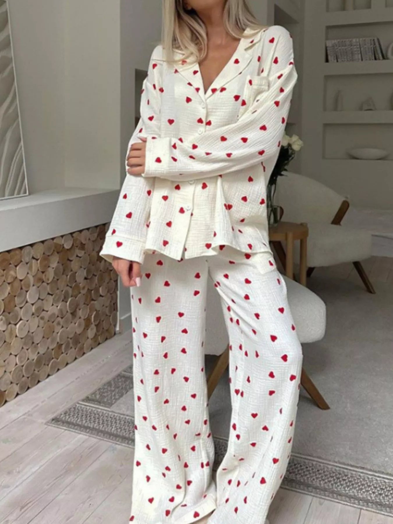 Trendsi Heart Print Button Up Top and Pants Lounge Set -