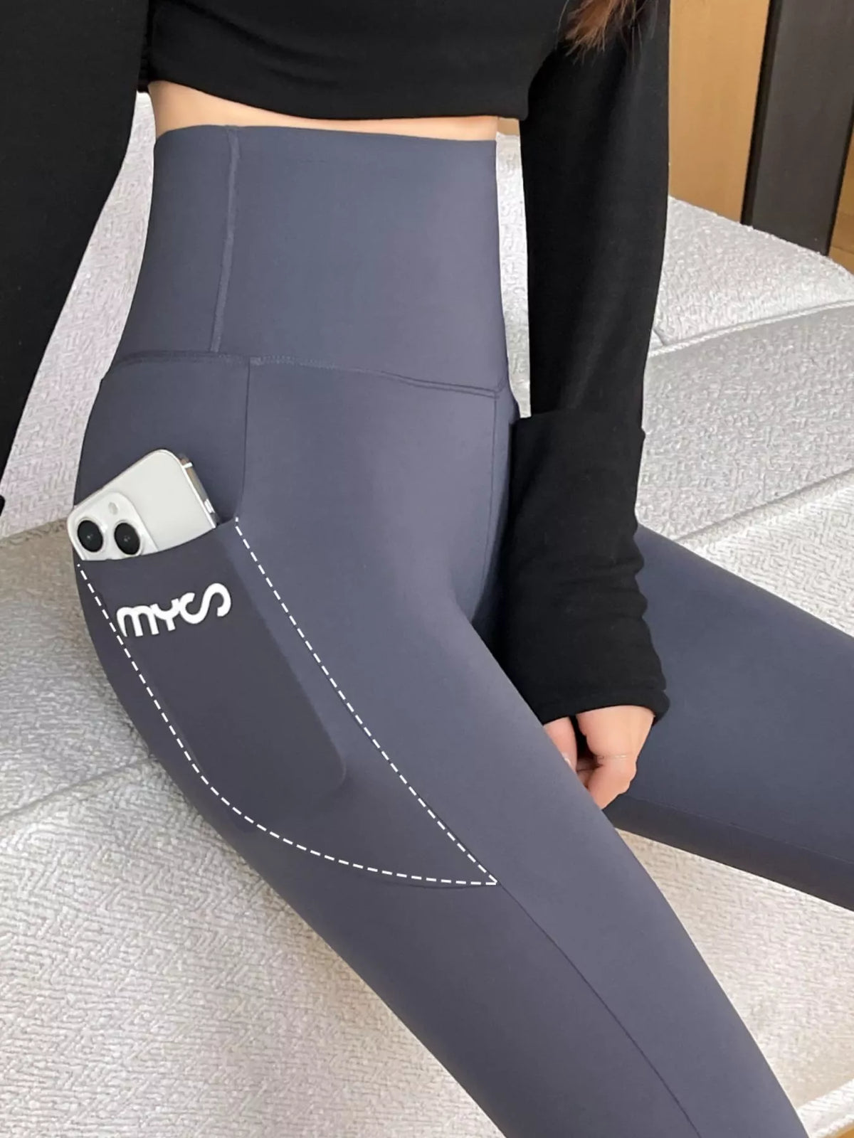 Women's High-Waisted Active Leggings with Side Pockets in gray — pocket detail view