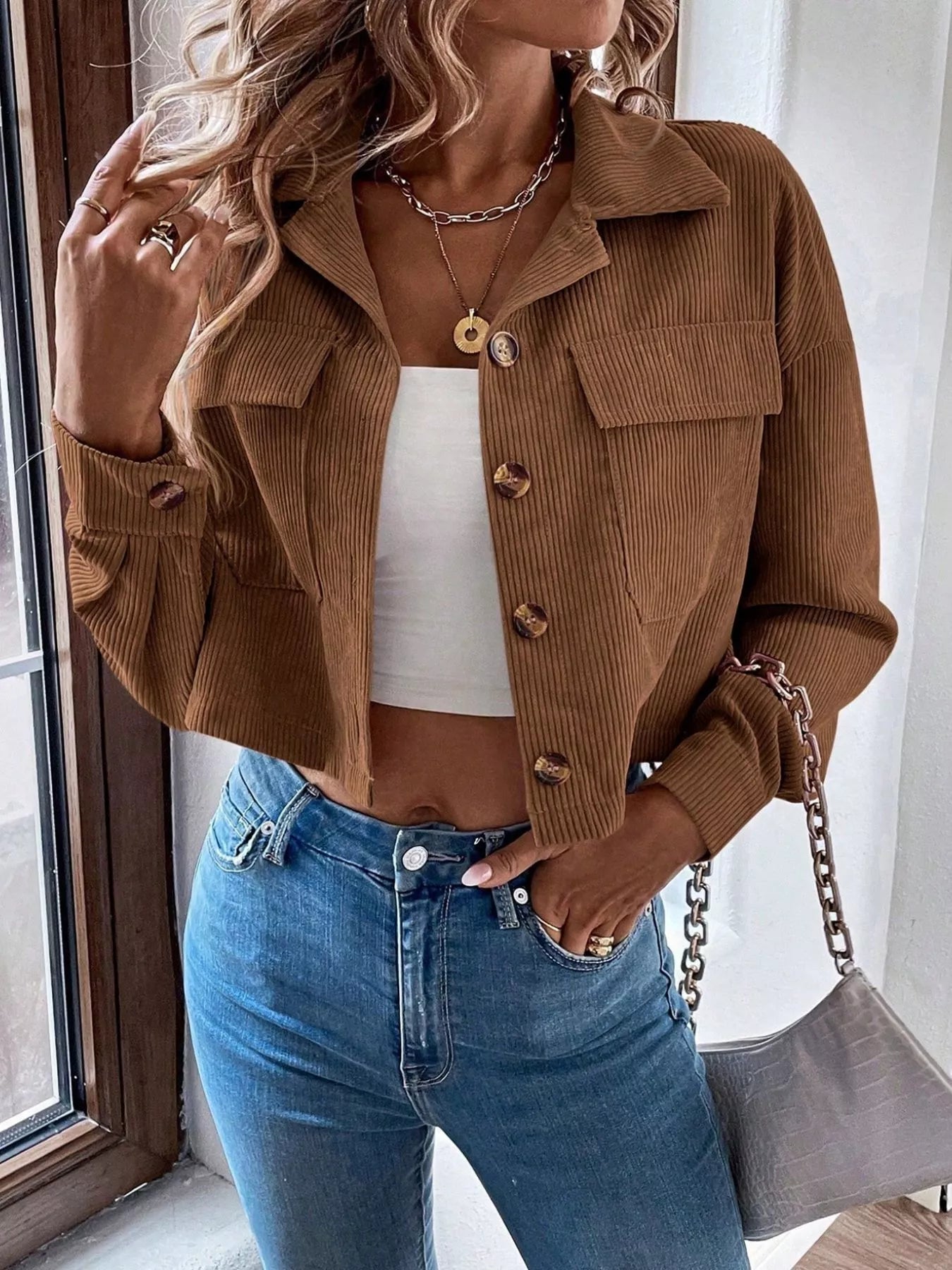 Trendsi Cropped Corduroy Button-Down Jacket -