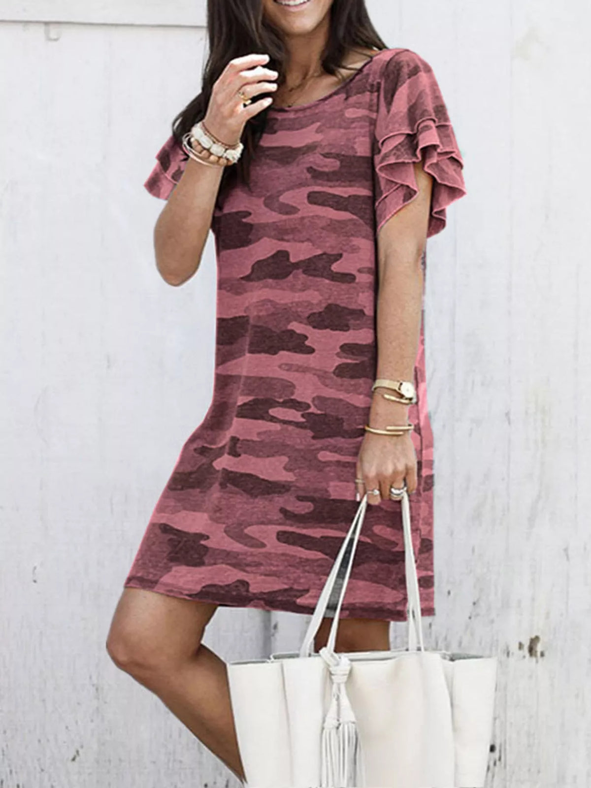 Camouflage Print Ruffle Sleeve T-Shirt Dress in pink