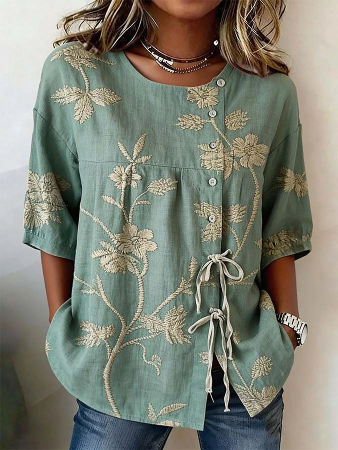 Trendsi Full Size Embroidered Floral Tie Front Shirt Plus Size -
