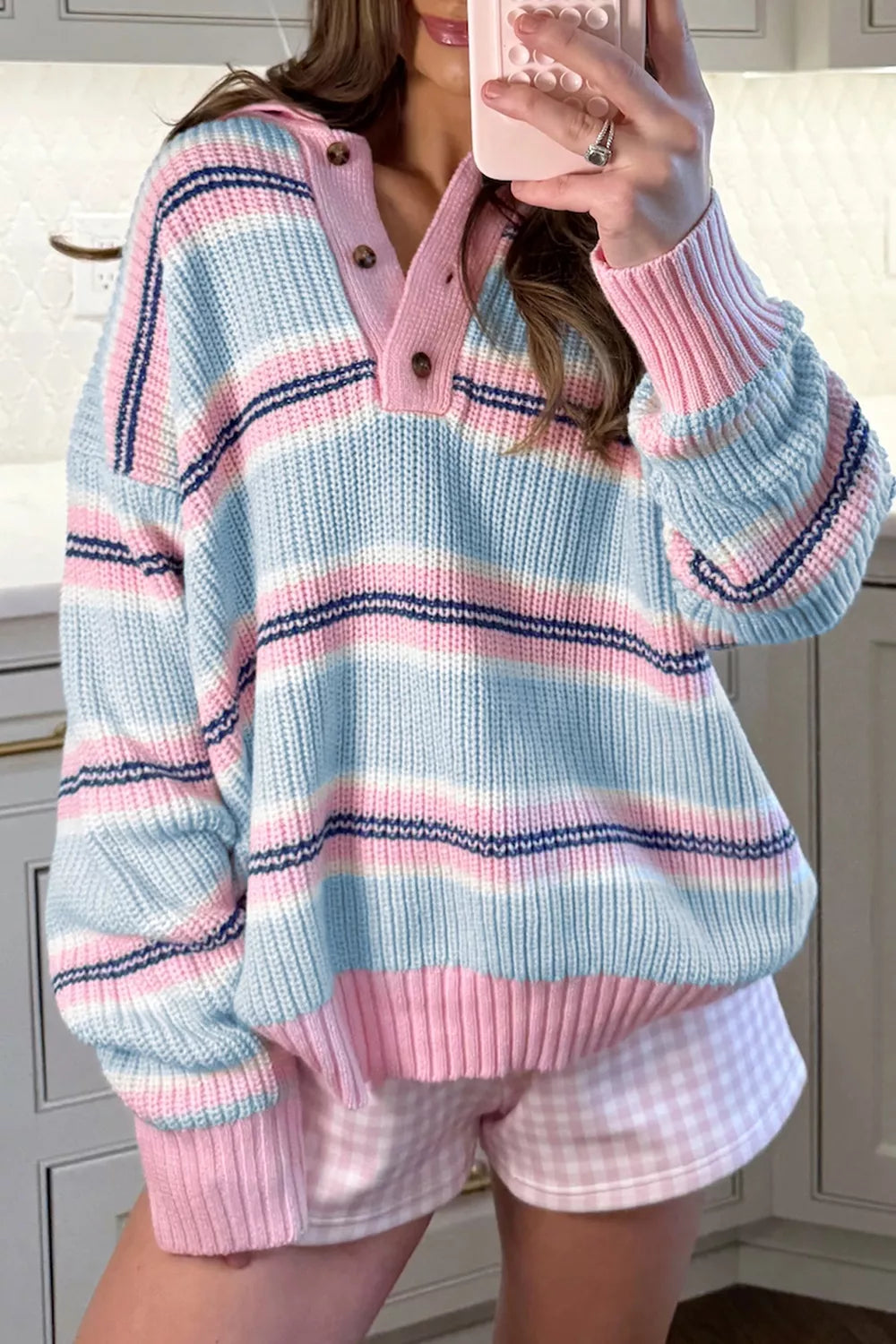 Trendsi Stripe Striped Button Collar Long Sleeve Shift Fit Winter Knitwear Sweater -