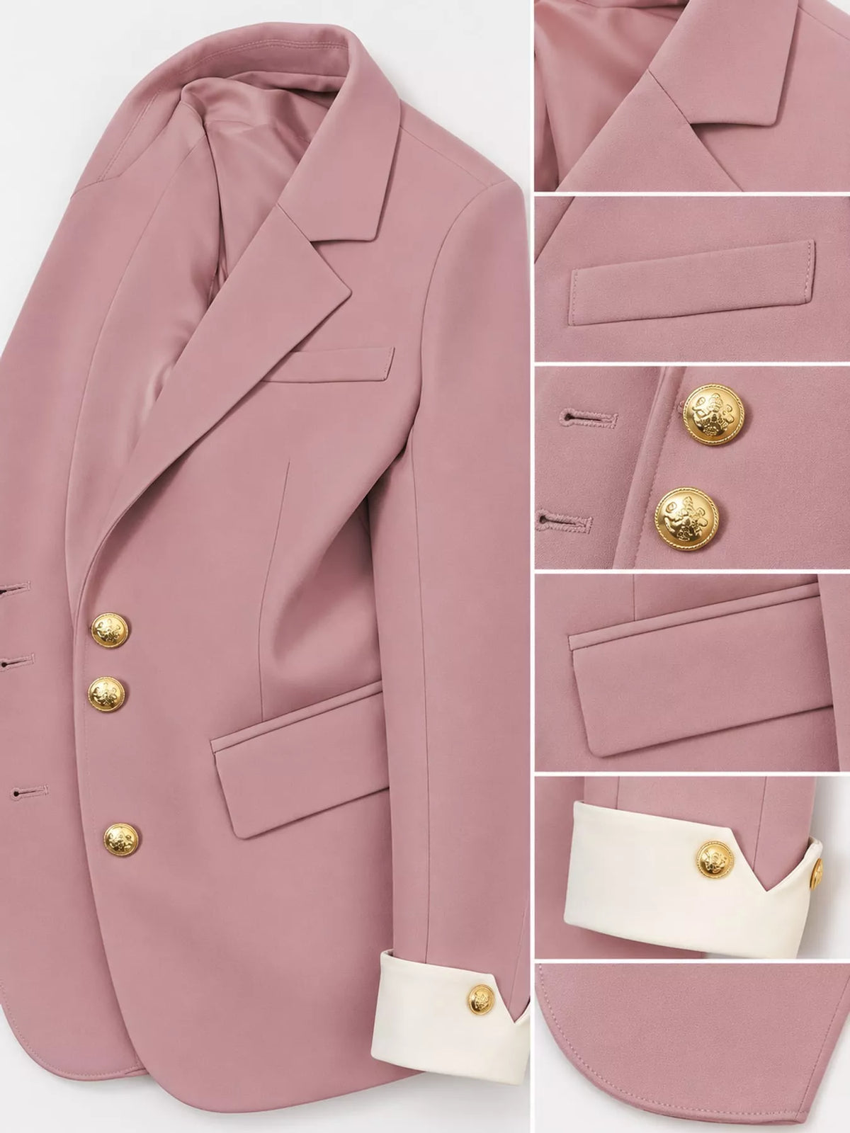Pink single-breasted blazer with gold-tone buttons, lapel, pocket, and cuff details