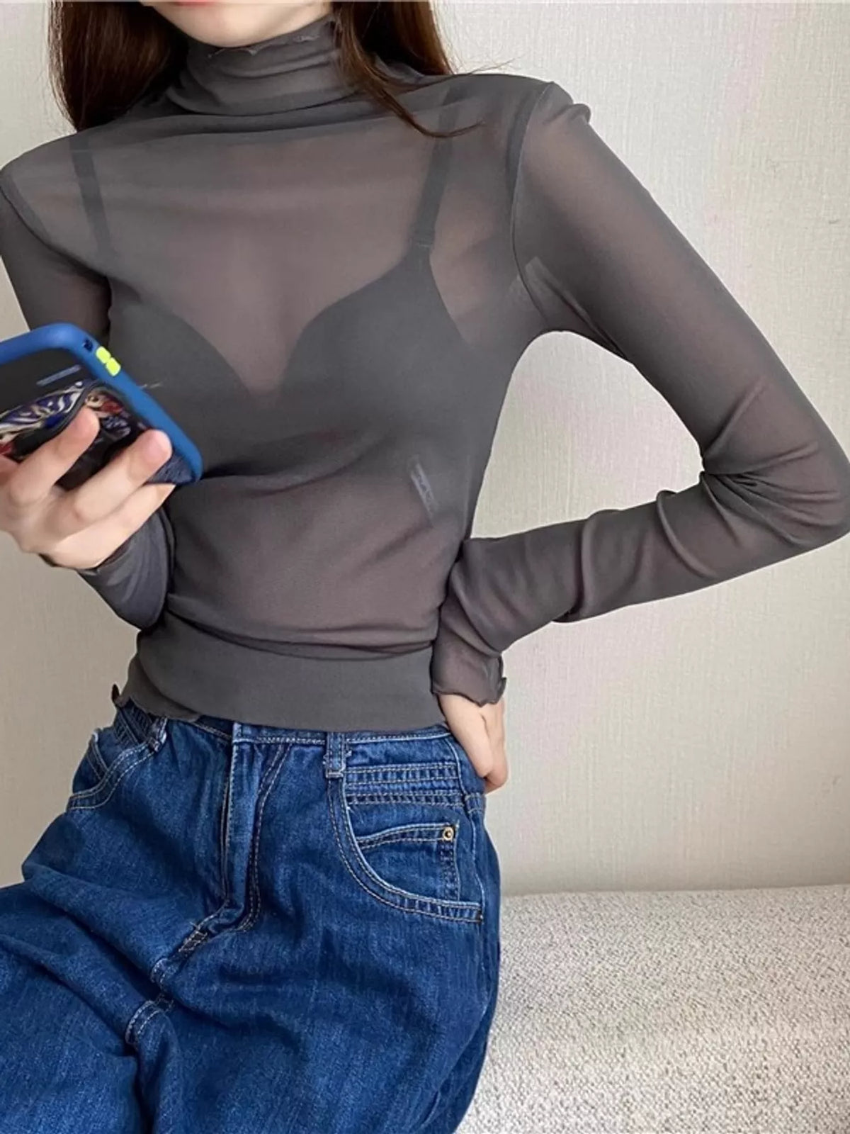 Gray sheer turtleneck mesh t-shirt