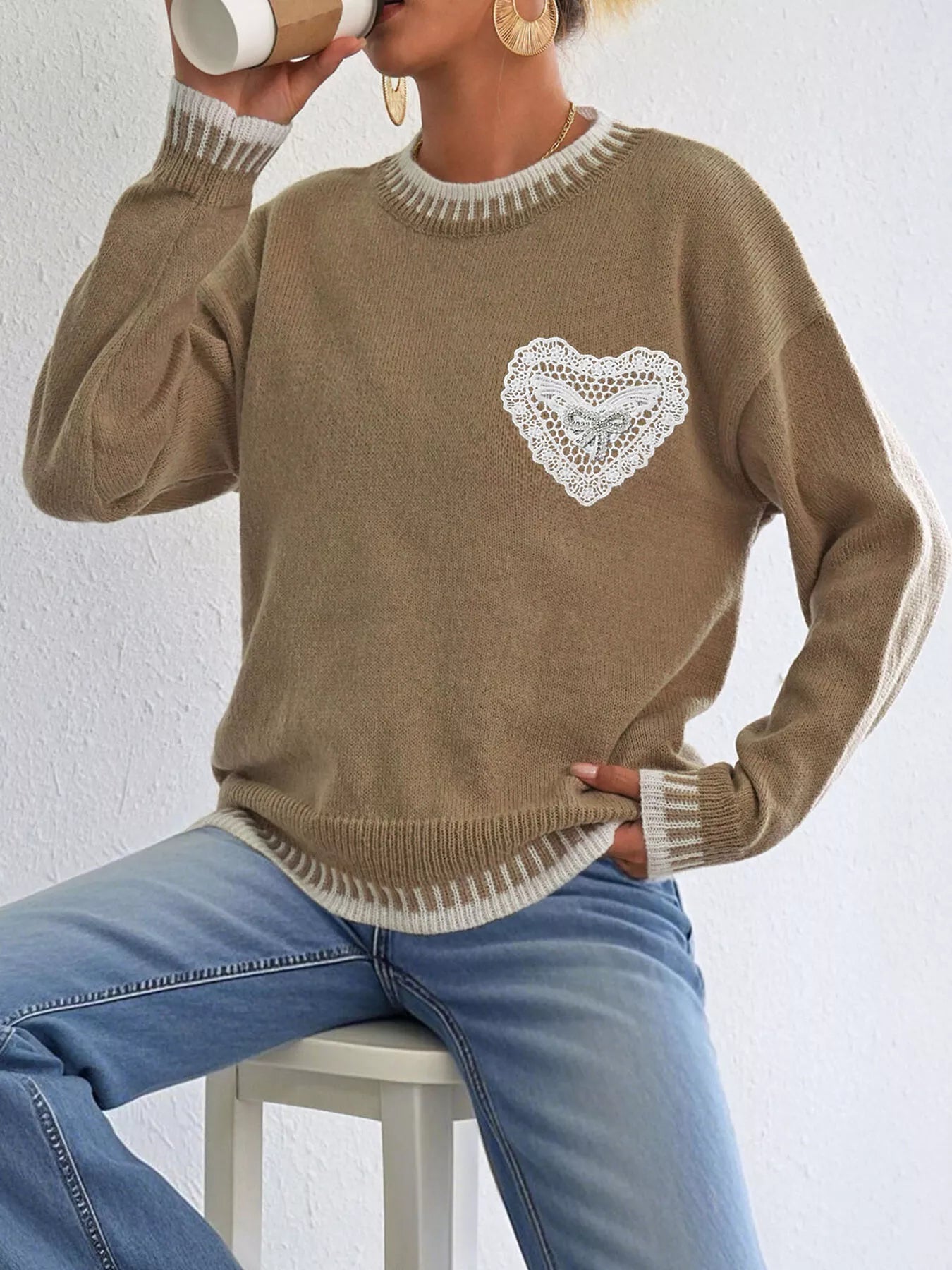 Trendsi Lace Heart Contrast Trim Sweater -