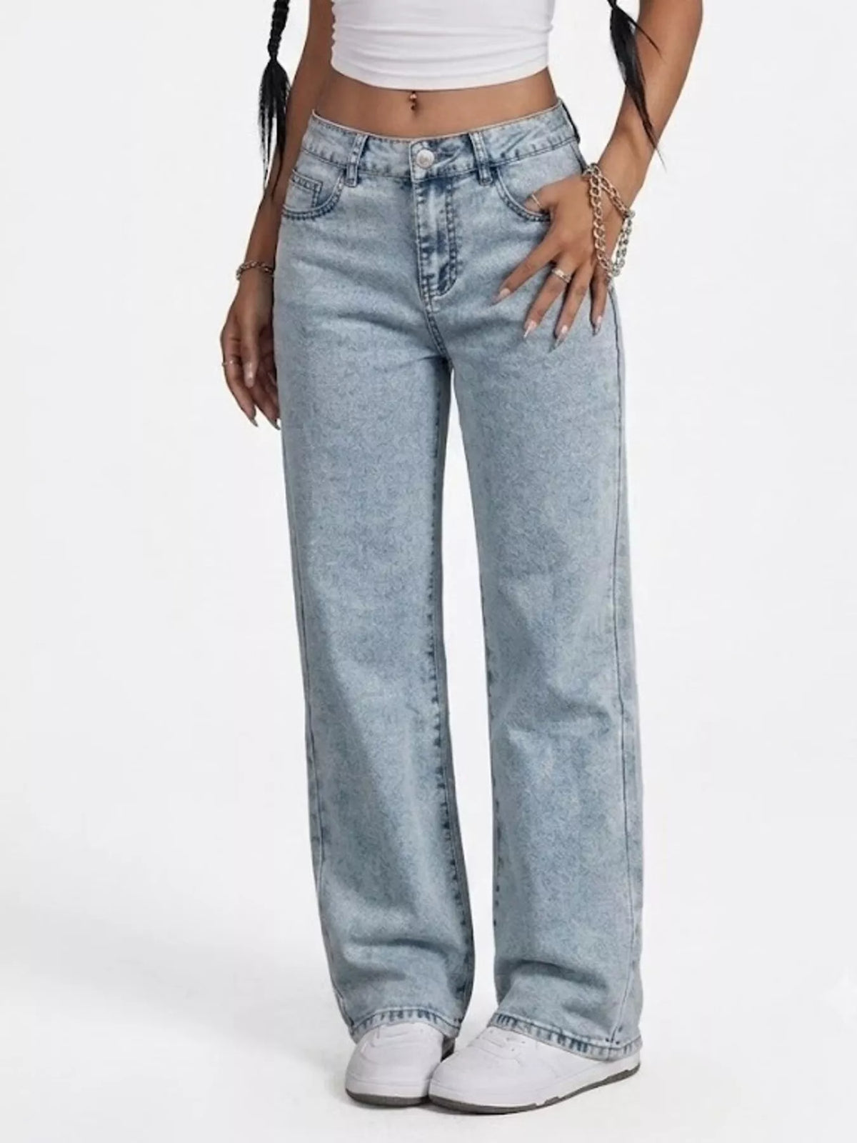 Light blue high-waisted acid-wash straight-leg jeans, front view showing straight legs.