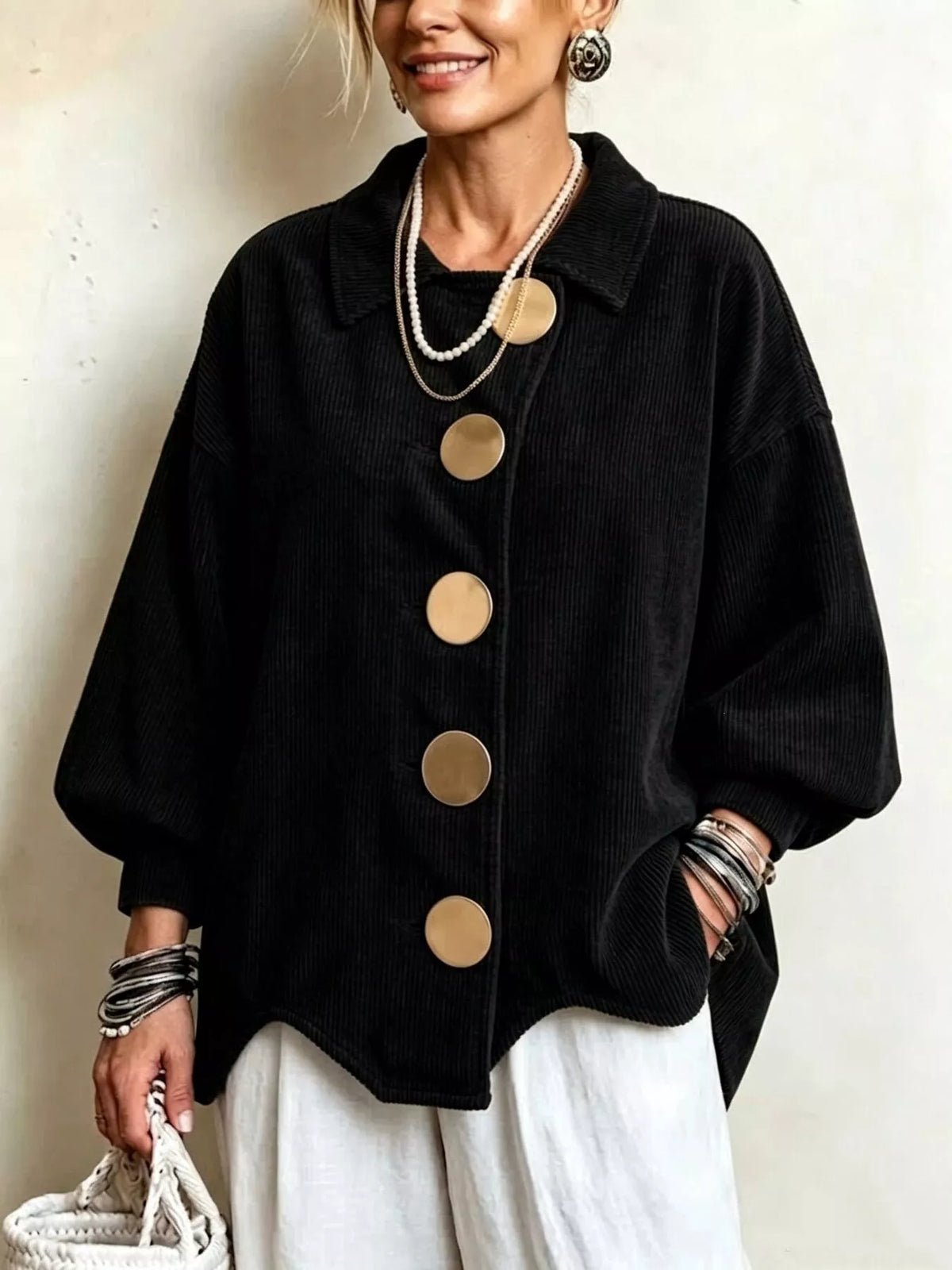 Women's Corduroy Button-Down Jacket in black — front view