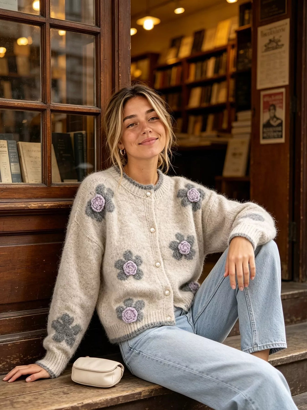 Floral-applique knit cardigan in beige, seated front view