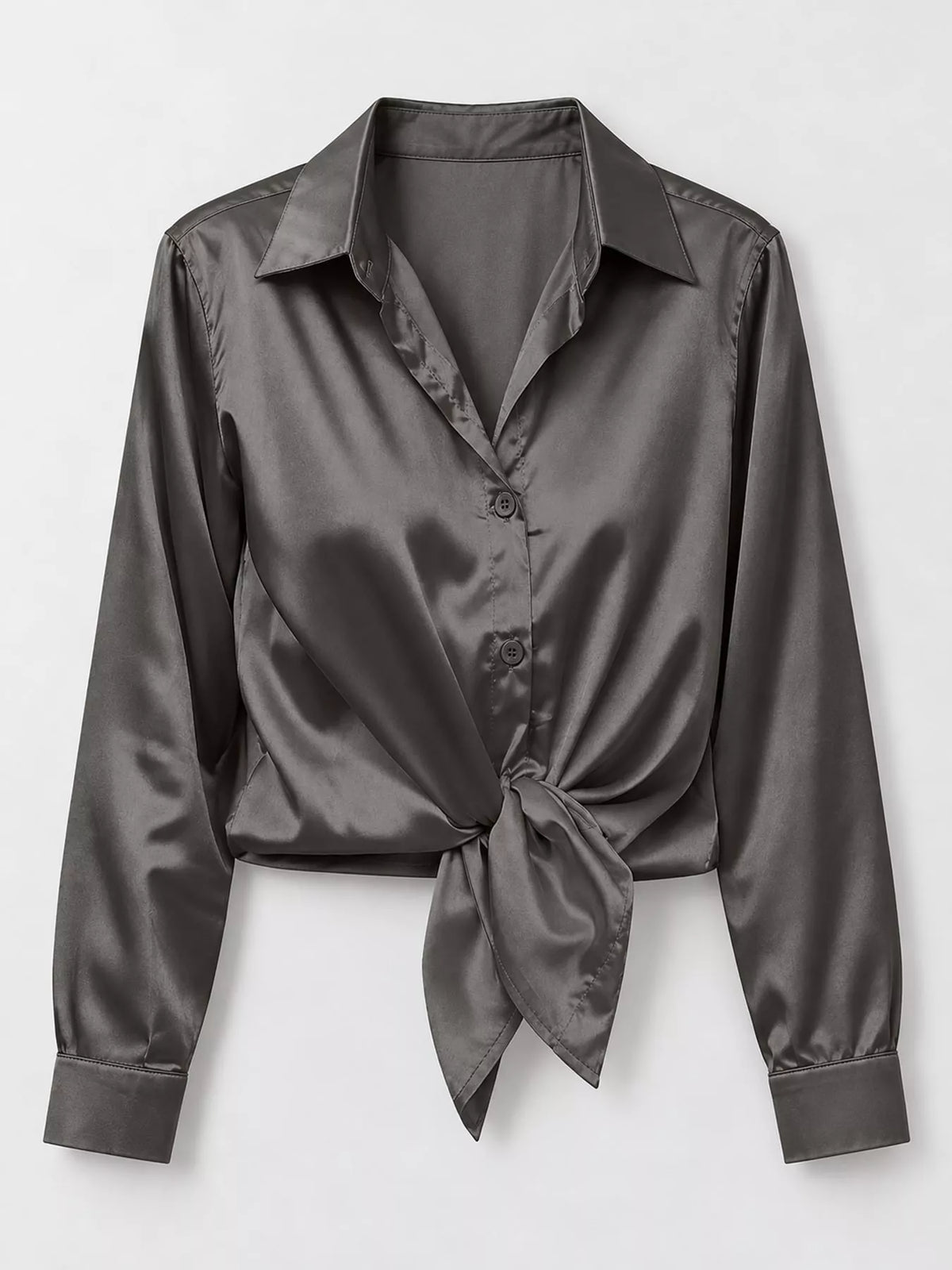 Dark Gray satin button-down long sleeve shirt