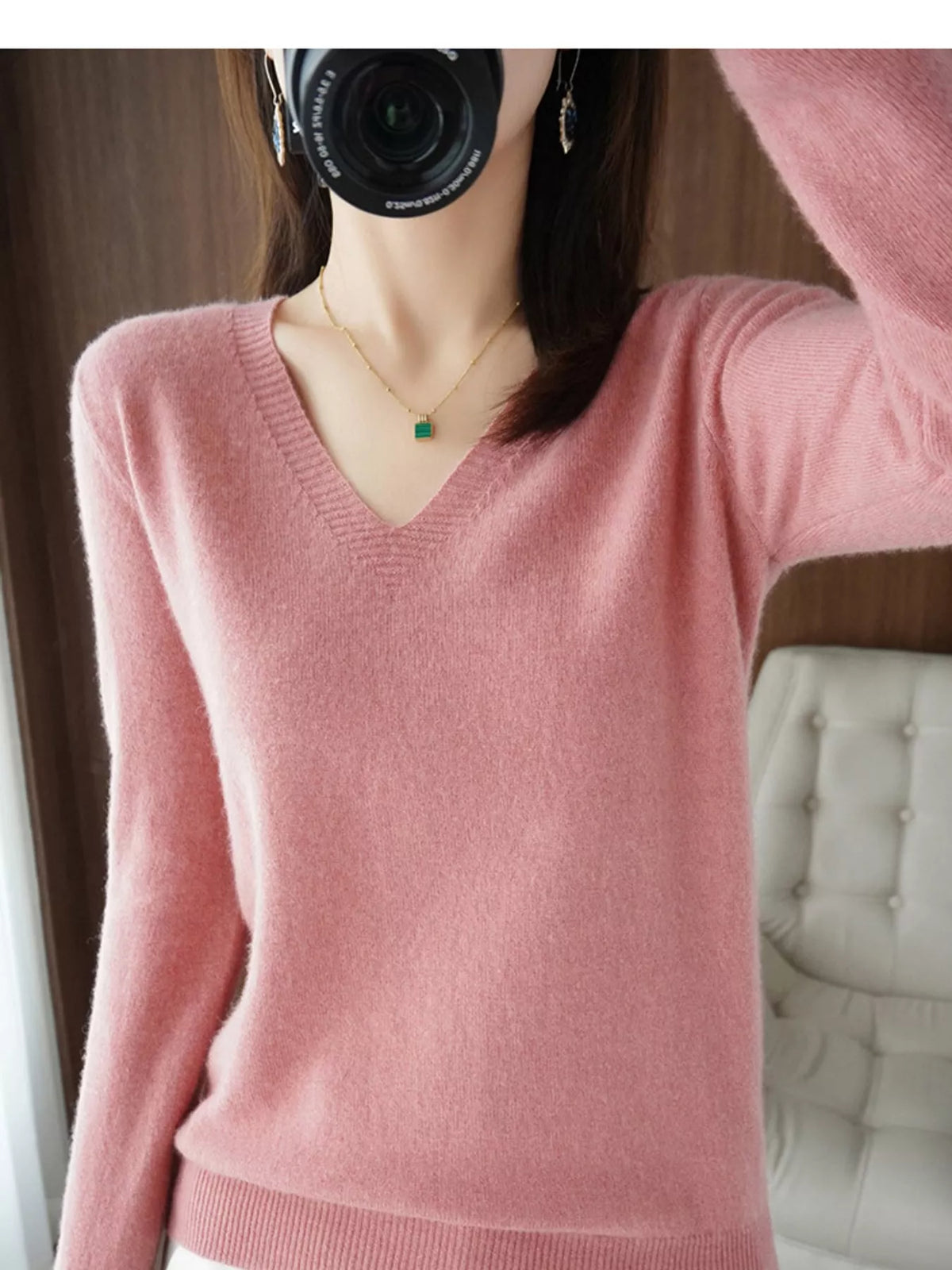 V-Neck Knit Sweater in dusty pink