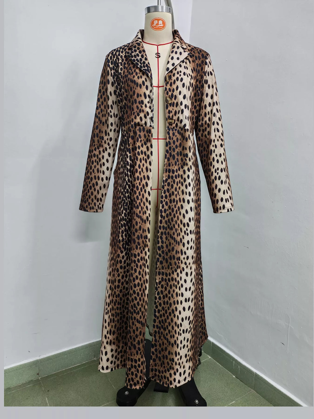 Brown and black leopard-print longline trench coat