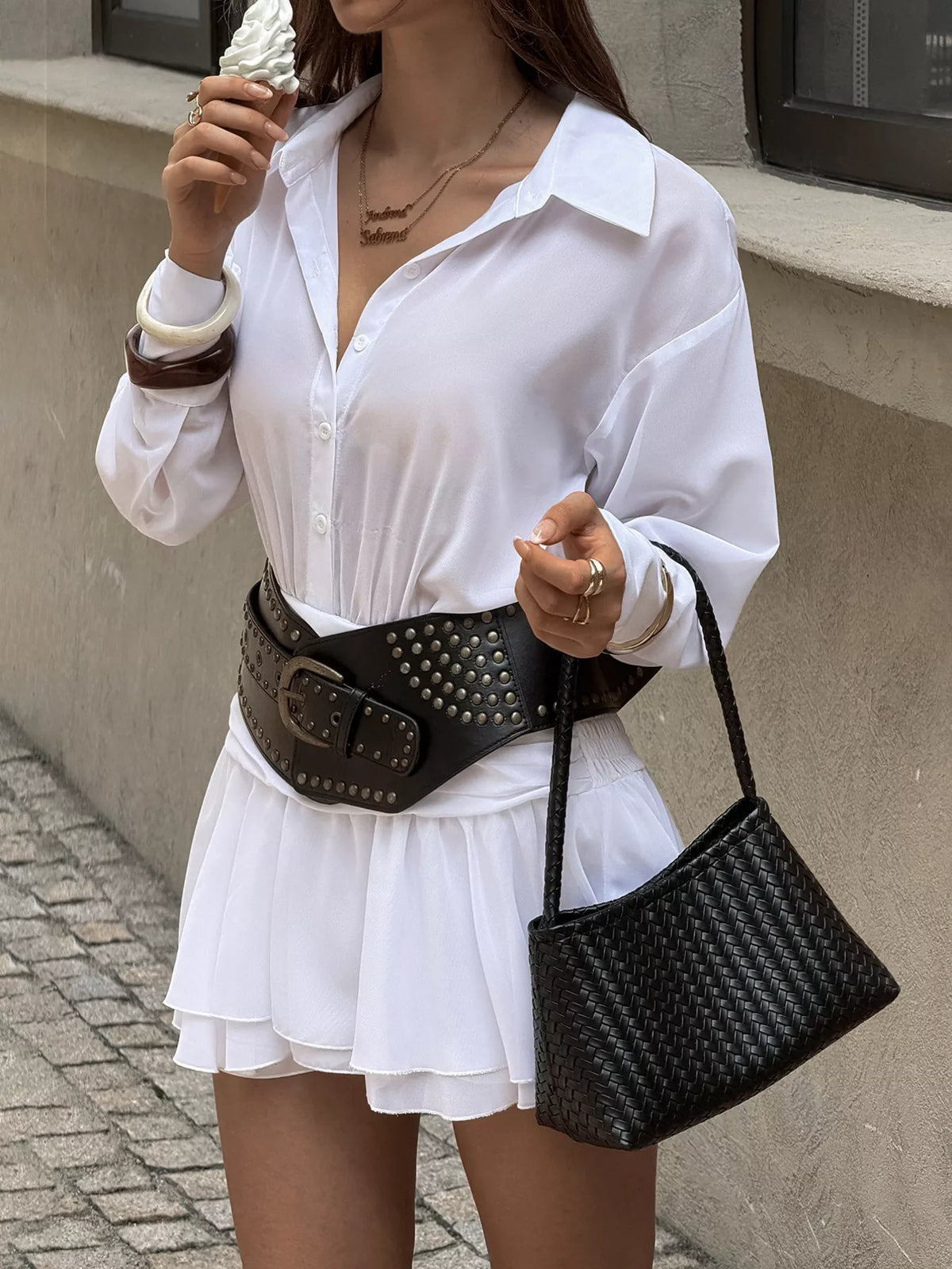 Ruched-Waist Ruffle-Hem Shirt Dress in White