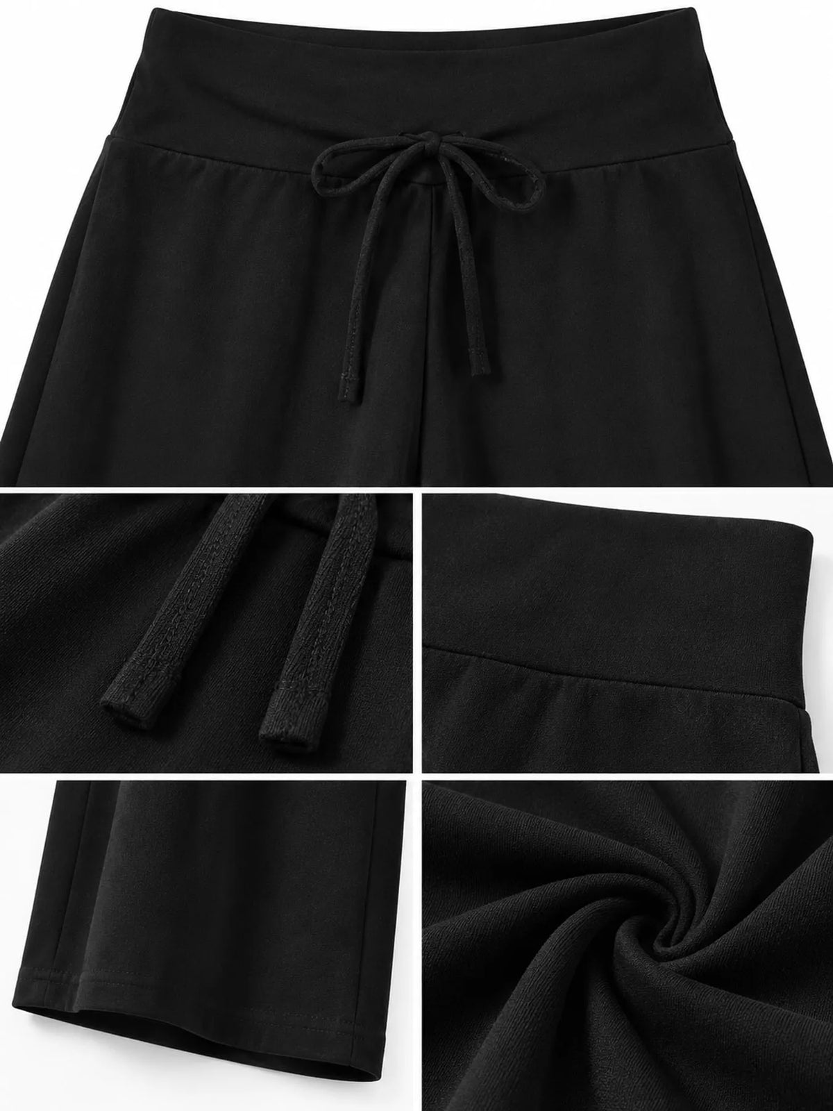 Black drawstring wide-leg pants — design and construction details
