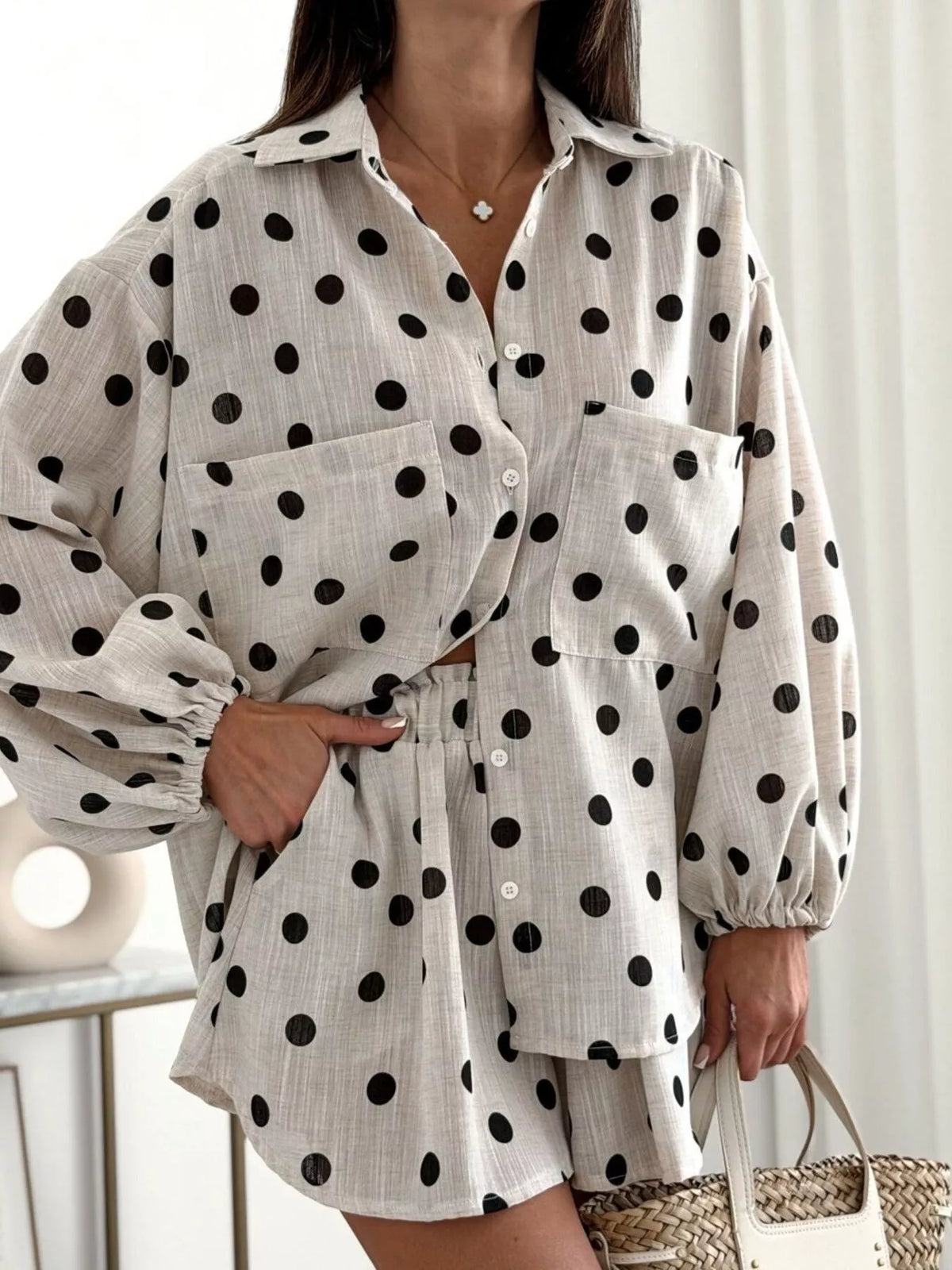Trendsi Long Sleeve Shirt and High-Waisted Shorts Set -