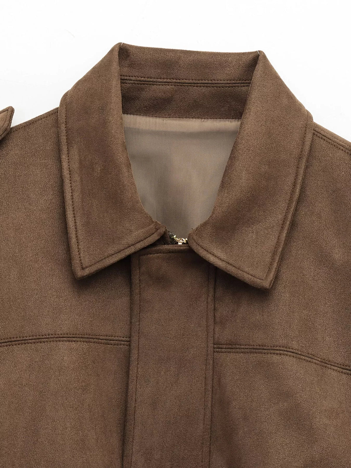 Faux Suede Collared Bomber Jacket — garment construction details